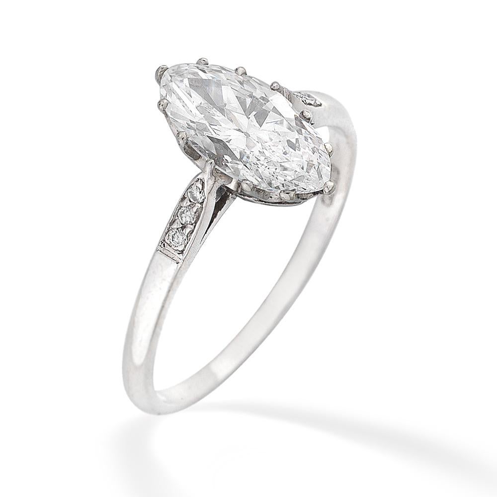 A single stone diamond ring, the marquise-cut diamond weighing 1.51 carats, of D colour, IF clarity, GIA certificate, claw-set to a tapered D-section shank with diamond-set shoulders, hallmarked platinum, London 1991, bearing the C W & W sponsor