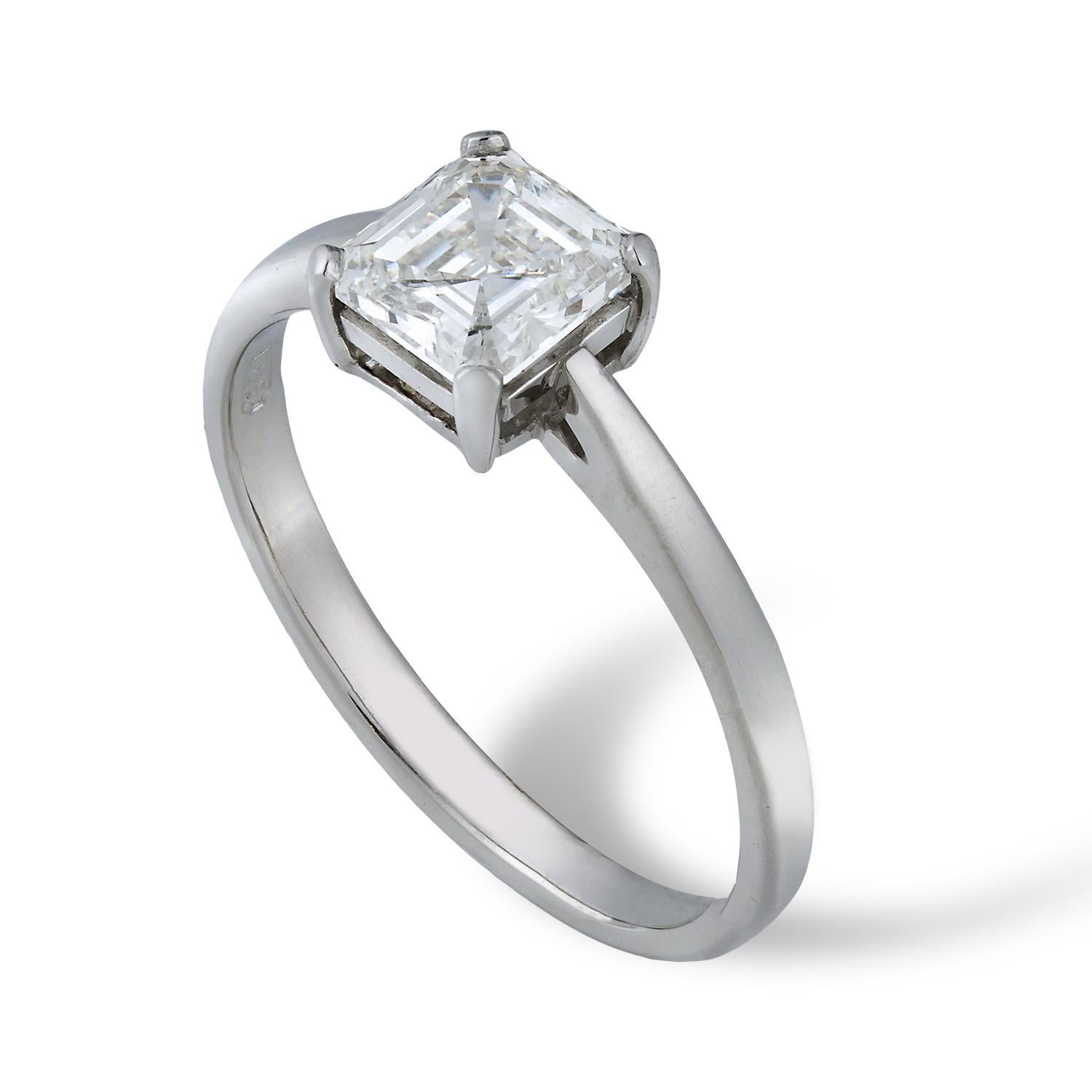 A single stone diamond ring, the Asscher-cut diamond weighing 0.87 carats of I colour SI1 clarity, AnchorCert  certificate, four claw-set to a platinum mount with D-section shank and tapering shoulders, hallmarked London, 2011, bearing the Bentley &