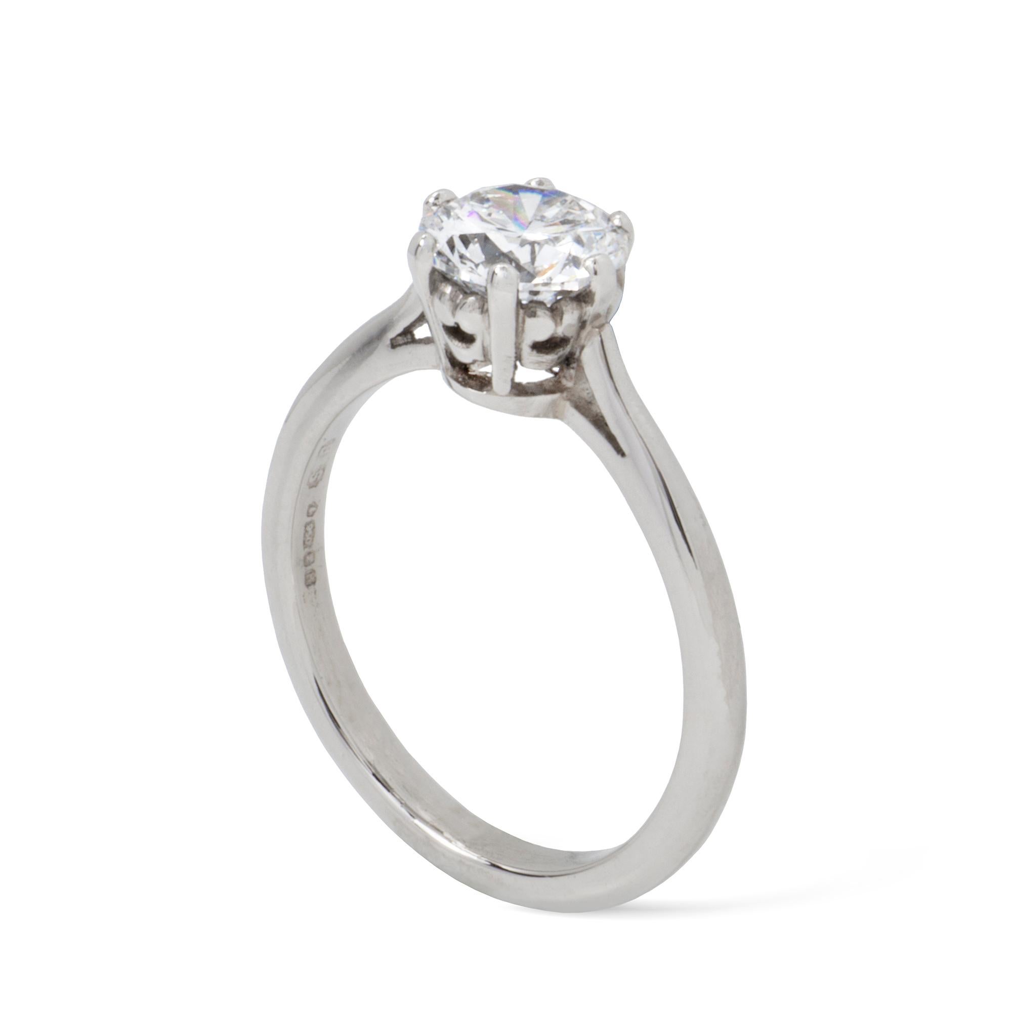 A diamond solitaire ring, the round brilliant-cut diamond weighing 0.89 carats, accompanied by Gem-A certificate stating to be of D colour, VVS2 clarity, claw-set to a platinum mount with d-shape section shank, later hallmarked platinum London 2007,