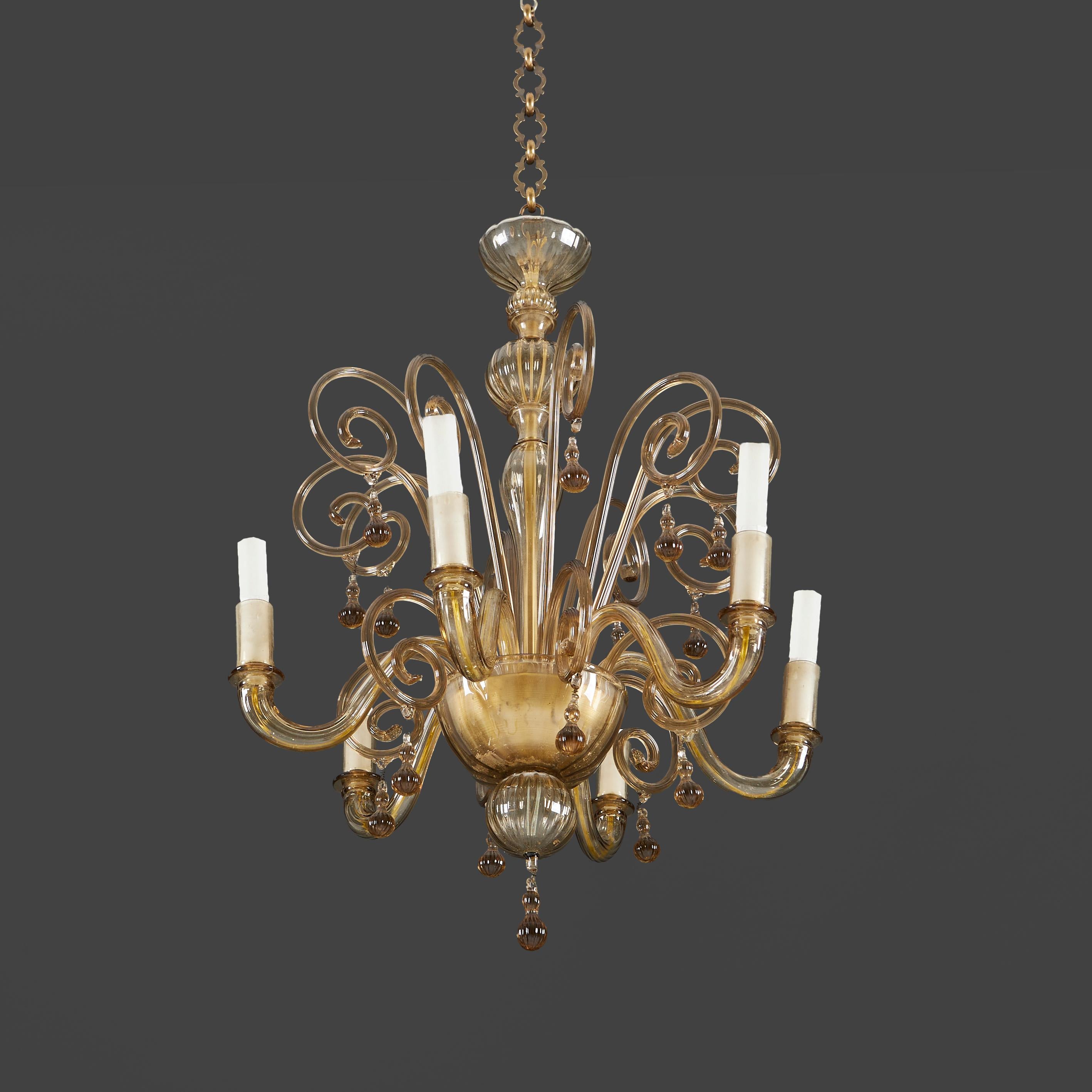 Italian A Six Arm Mid-century Murano Glass Chandelier For Sale