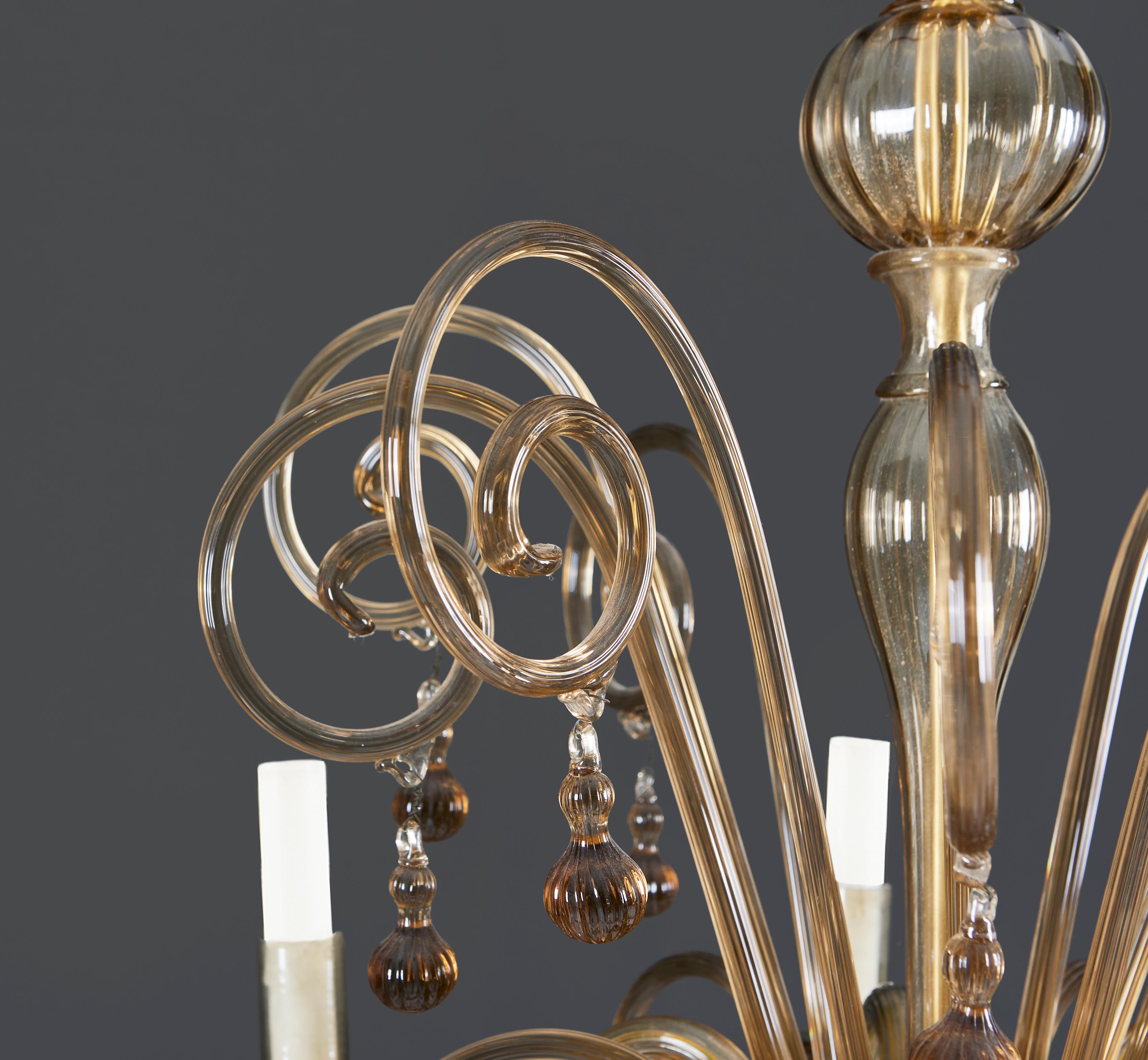 A Six Arm Mid-century Murano Glass Chandelier In Good Condition For Sale In London, GB