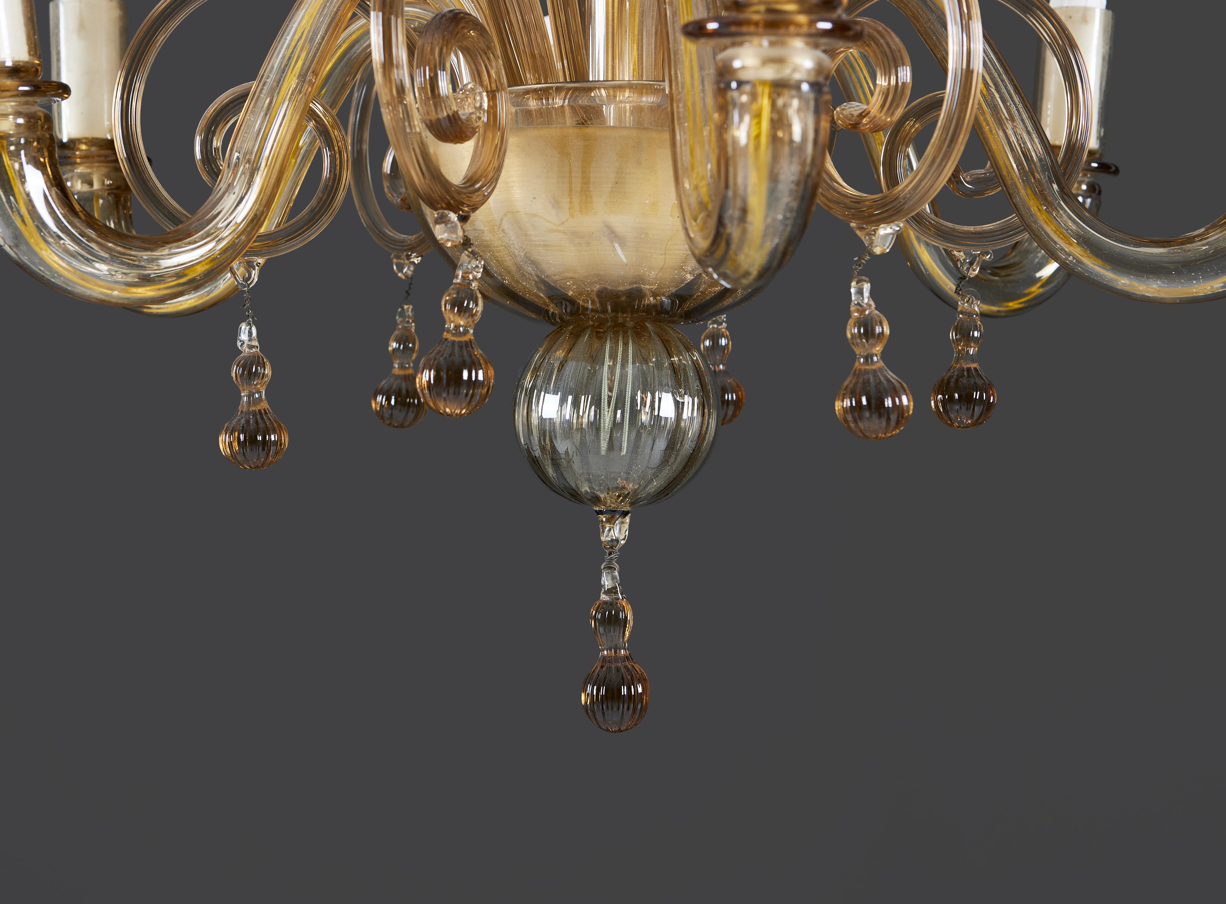 20th Century A Six Arm Mid-century Murano Glass Chandelier For Sale