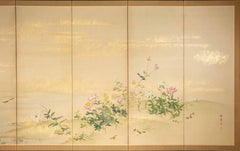 A six-panel folding screen depicting a floral and a naturalistic scene