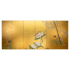 A six-panel folding screen depicting a garden of flowers