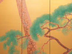 A Six-Panel Folding Screen Depicting a Red-Crowned Crane on a Pine Tree