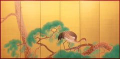 A Six-Panel Folding Screen Depicting a Red-Crowned Crane on a Pine Tree