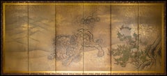 A six-panel folding screen depicting a shishi, signed Kano Tsunenobu