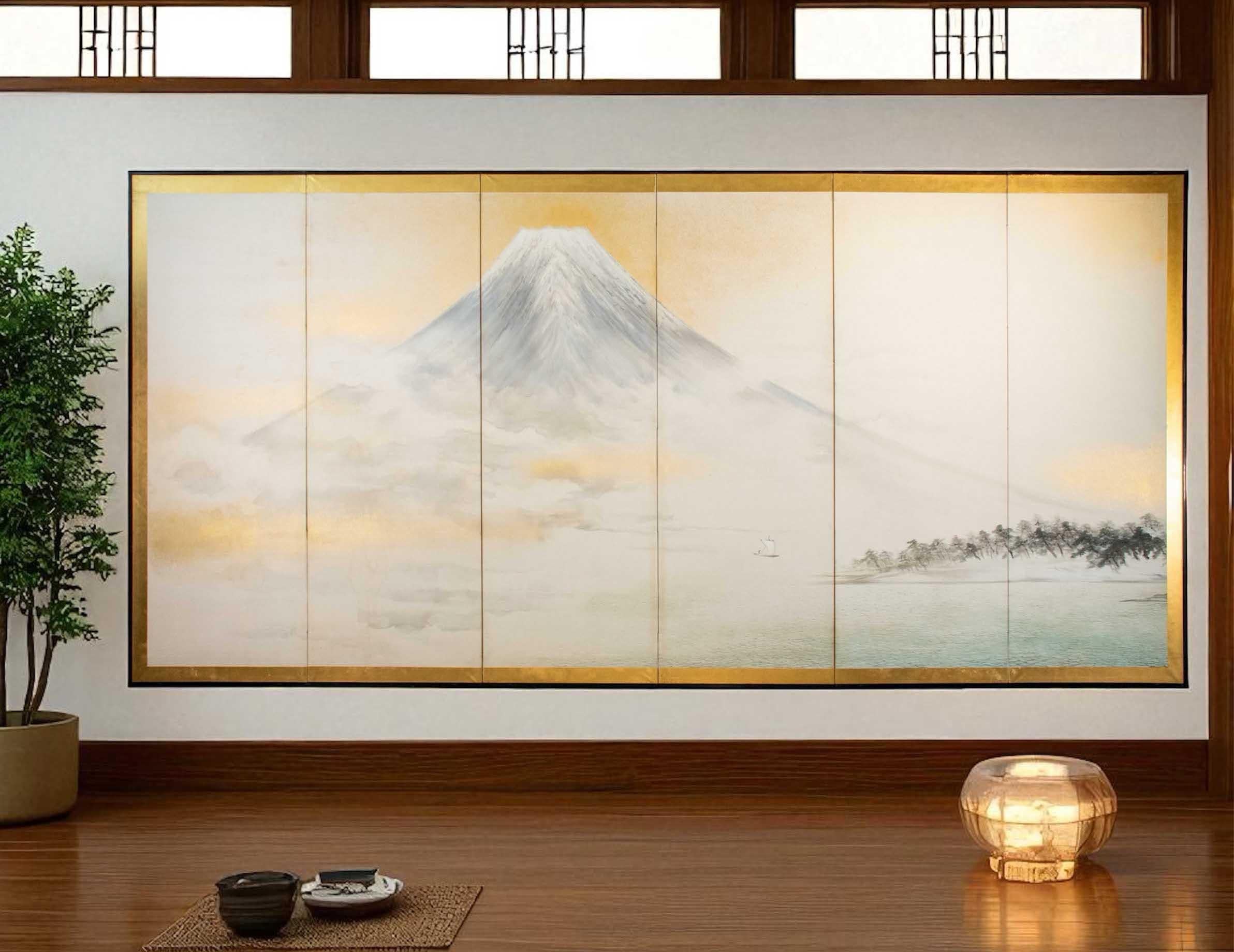 A Japanese six-panel screen painted on paper and gold powder, depicting the majestic Mount Fuji surrounded by clouds and mist, as seen from Lake Kawaguchi. The snow-capped peak stands out brightly against the background. The painting is set within a