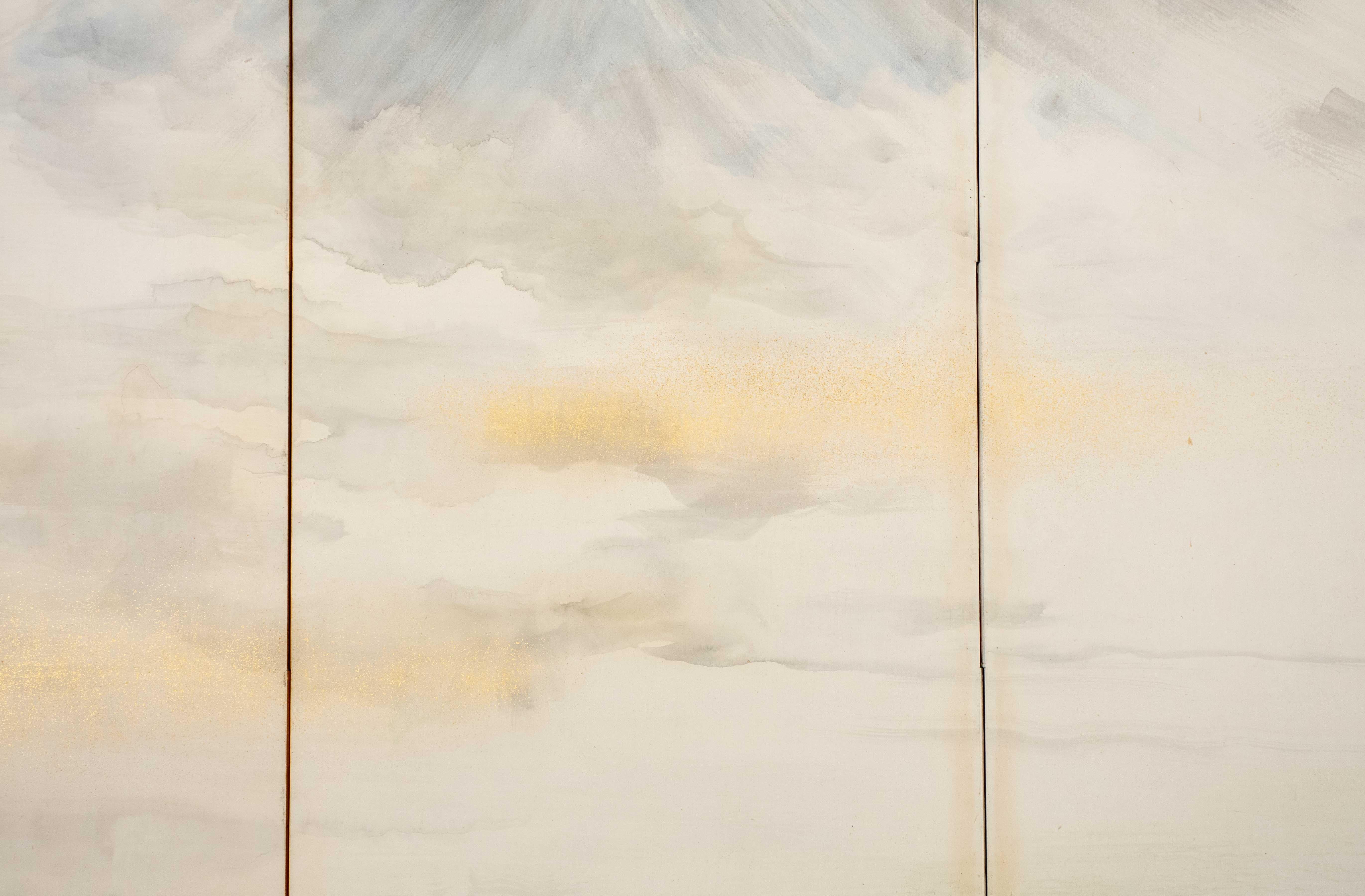 A six-panel folding screen depicting Mount Fuji seen from Lake Kawaguchi in vendita 1