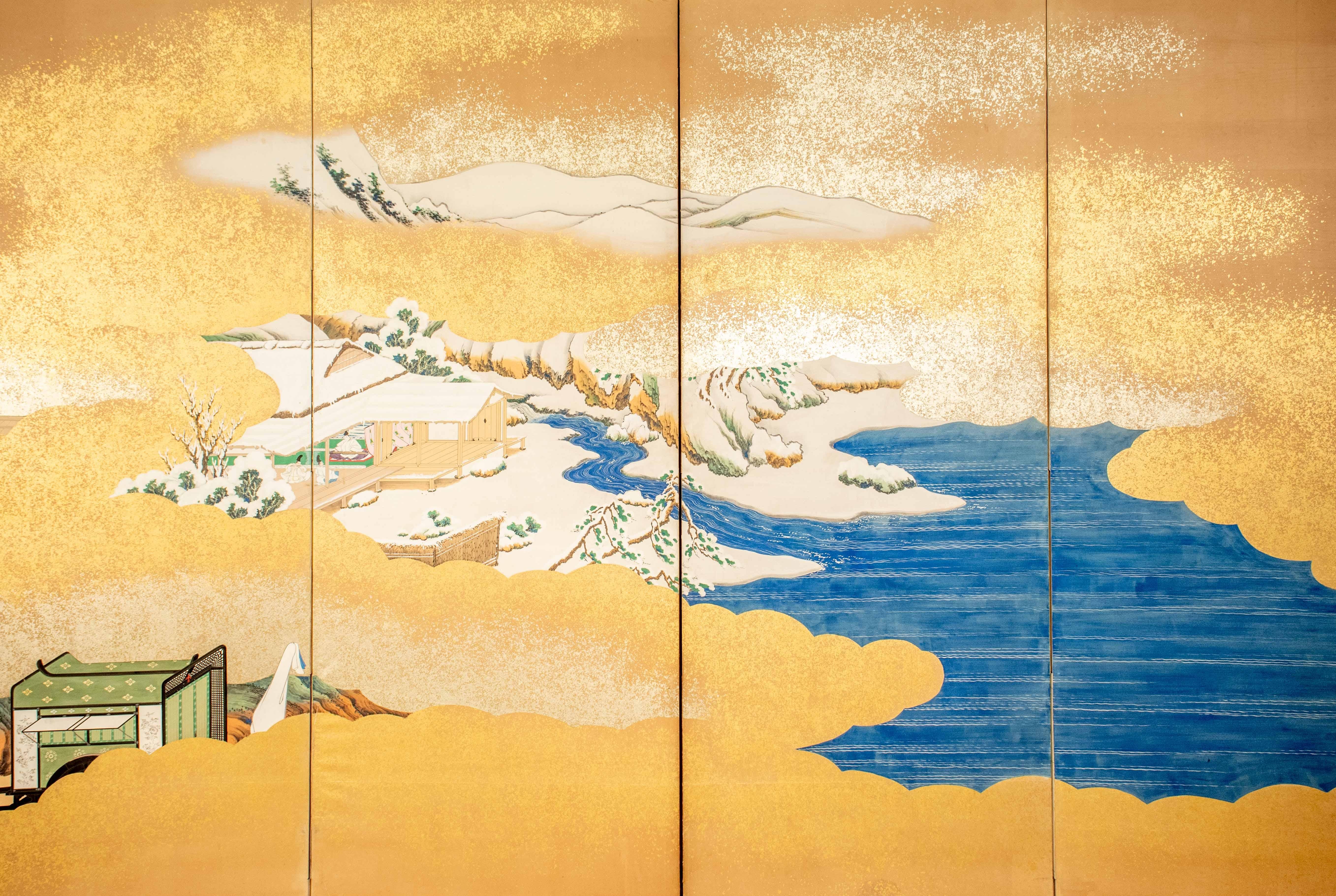 Paravent à six panneaux peint sur papier, avec des pigments, de la poussière d'or et des feuilles d'or, représentant deux scènes des Contes du Genji. Le paysage est dominé par une Hille aux branches sinueuses, avec des personnages engagés dans des