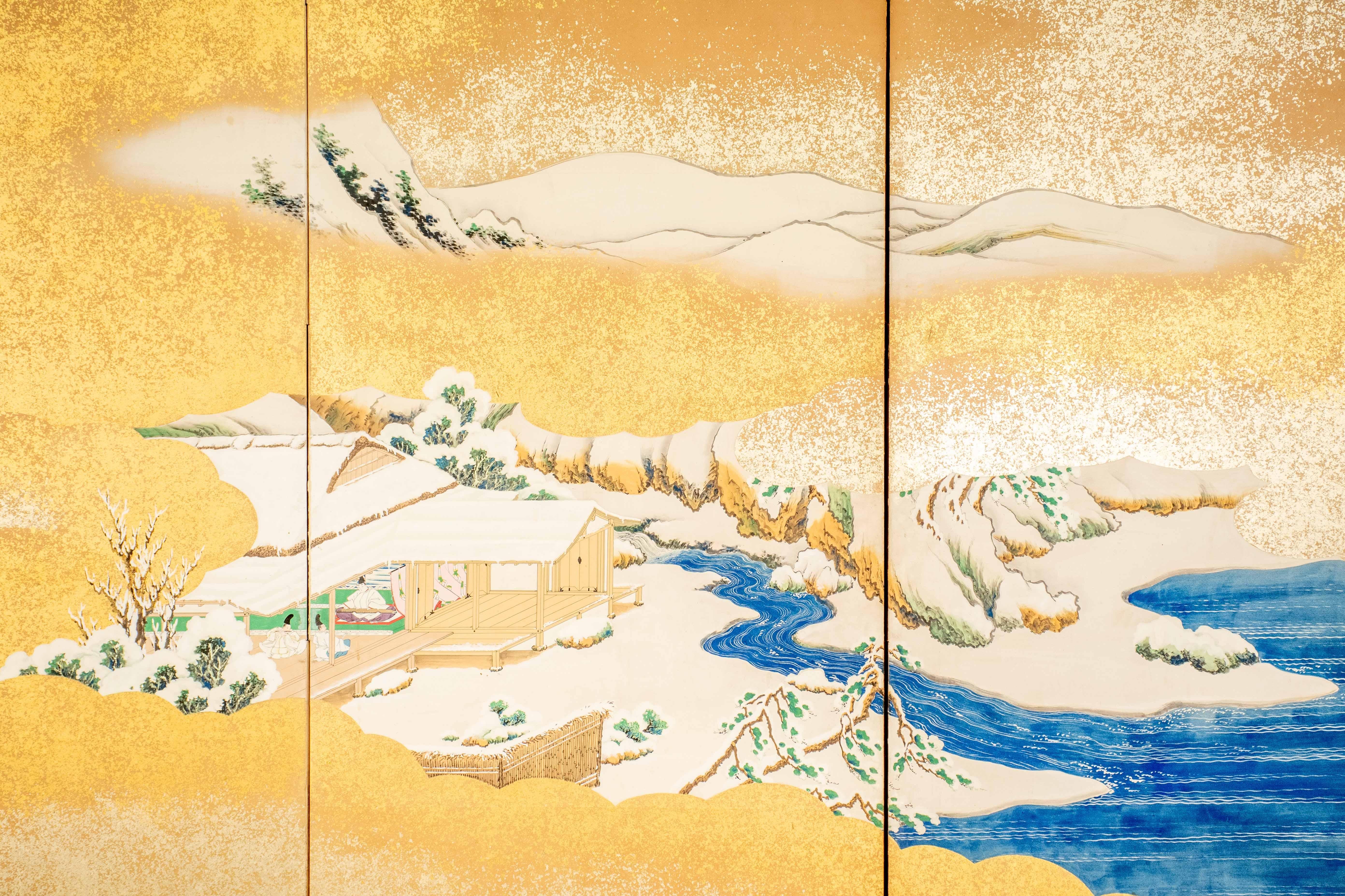 Japonais Un écran pliant à six panneaux représentant des scènes des Contes de Genji en vente