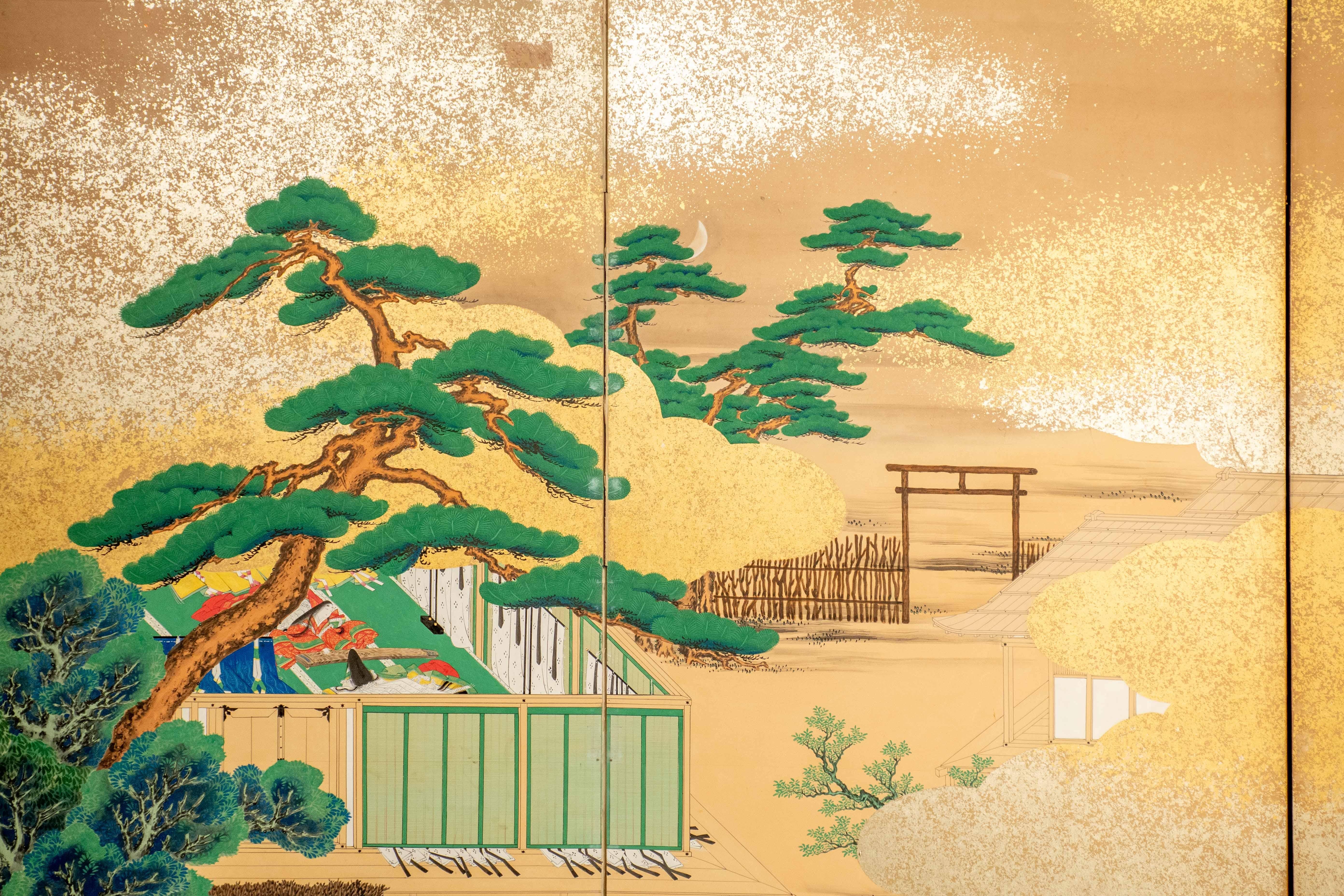 Papier Un écran pliant à six panneaux représentant des scènes des Contes de Genji en vente