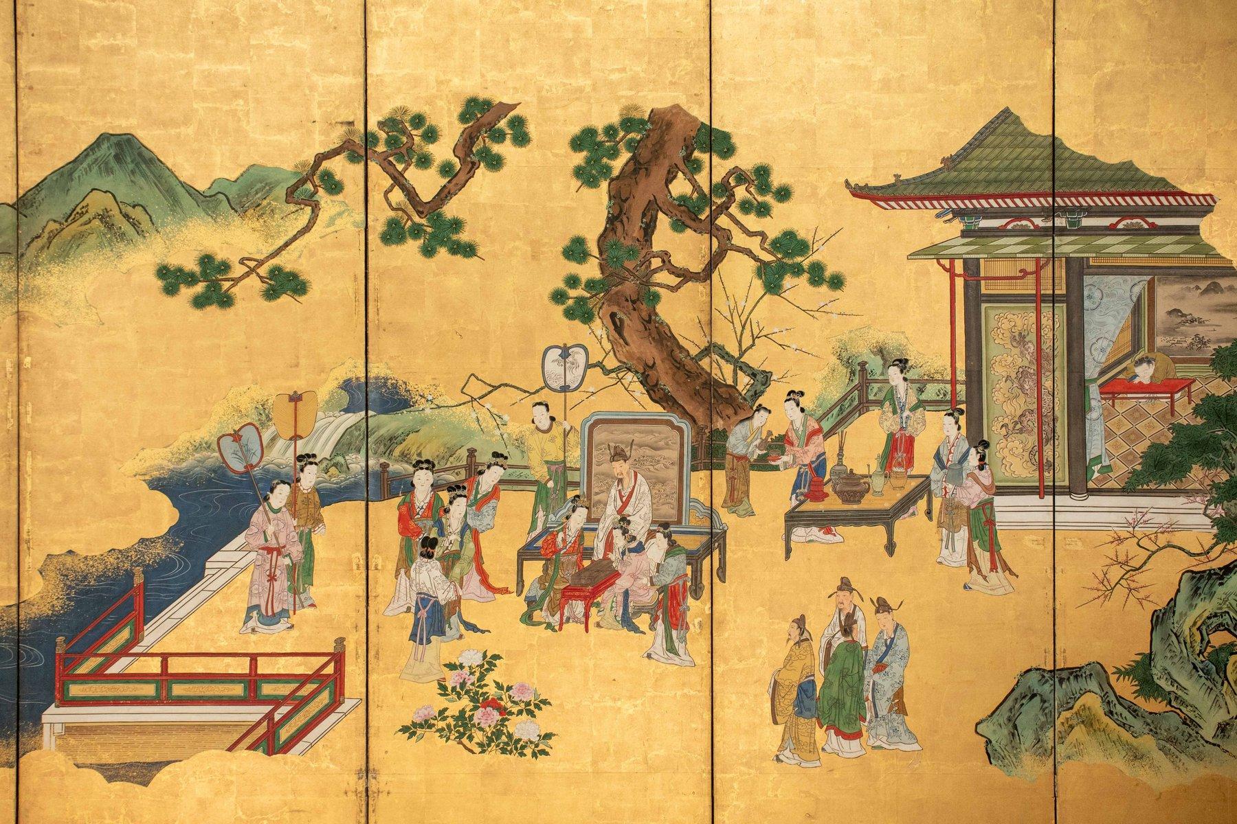 Japonais Paravent à six panneaux représentant la cour impériale chinoise