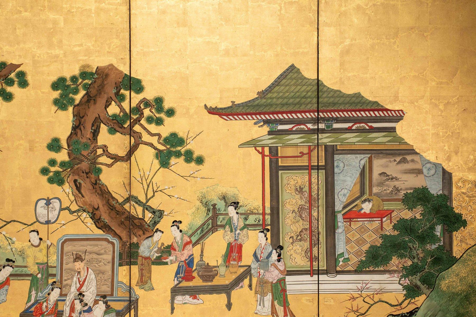 Peint à la main Paravent à six panneaux représentant la cour impériale chinoise