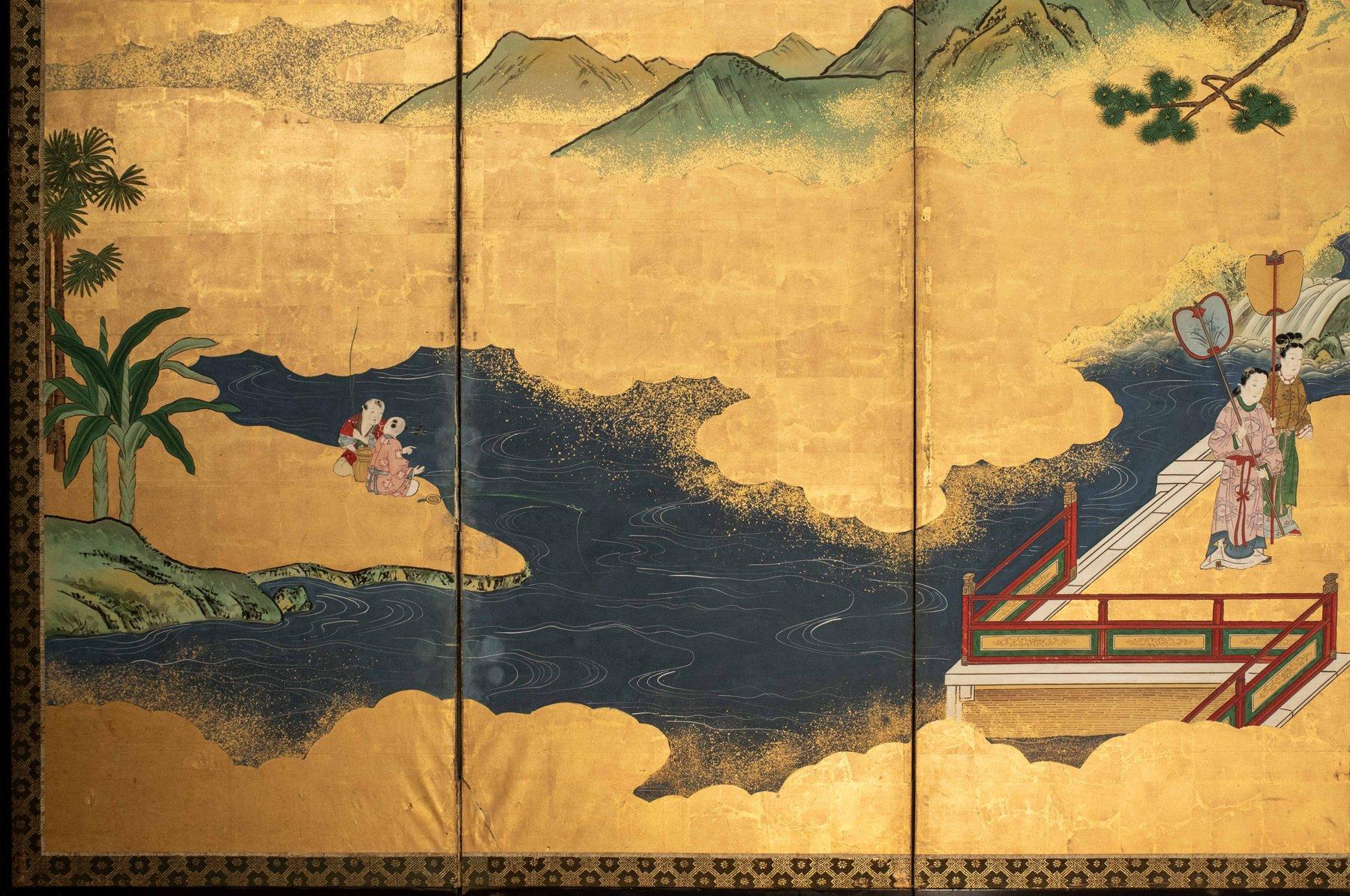 Papier Paravent à six panneaux représentant la cour impériale chinoise