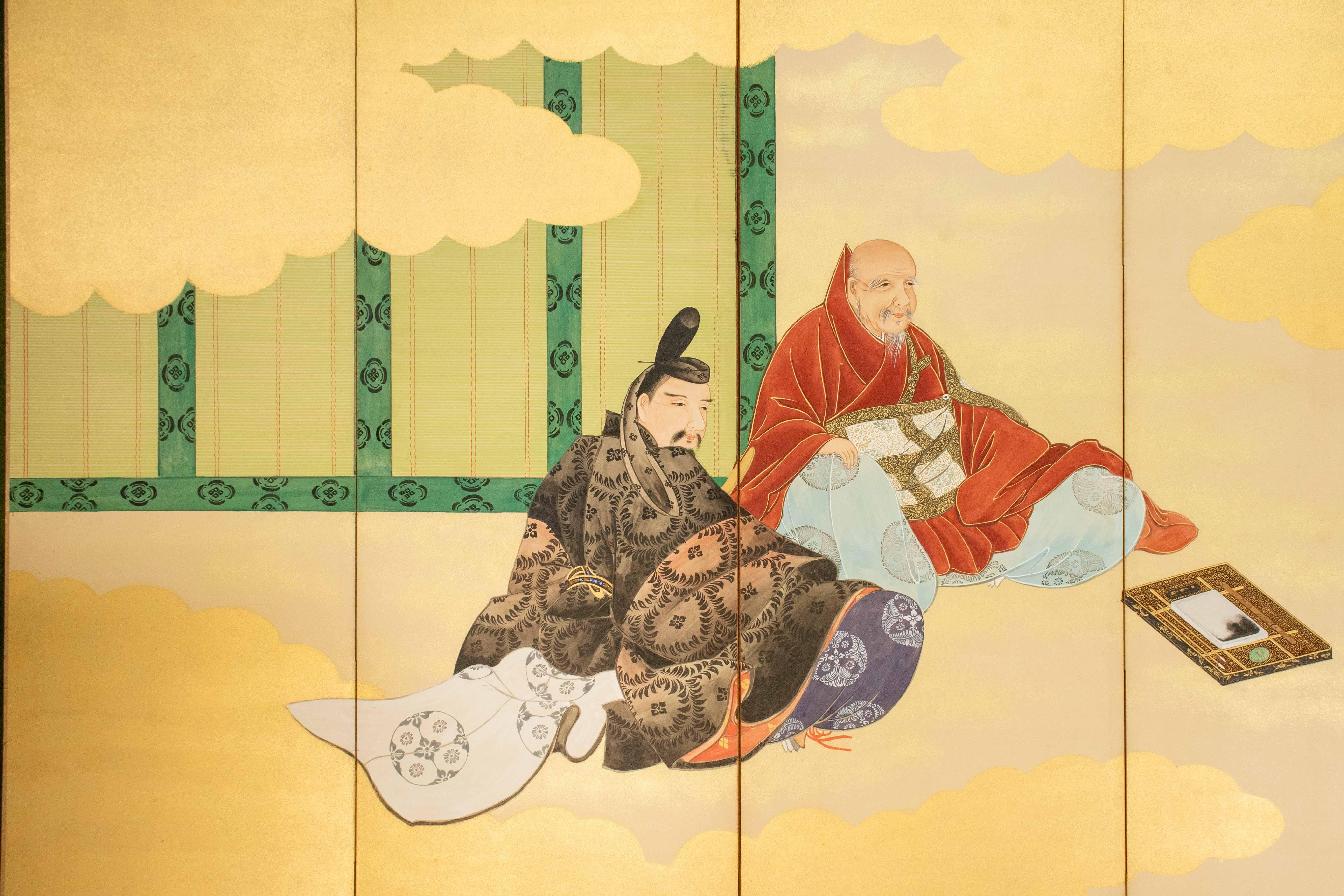 Sechspaneeliger Paravent aus bemaltem Papier, verziert mit Goldstaub und Blattgold, der eine formale Szene darstellt, die von den Genji-Erzählungen inspiriert ist. Die Komposition zeigt drei aristokratische Figuren in eleganter traditioneller