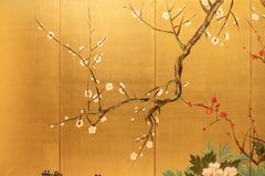 A six-panel folding screen painted on silk depicting a spring garden