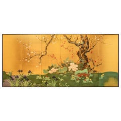 Ein auf Seide gemalter Paravent mit sechs Tafeln, der einen Frühlingsgarten darstellt