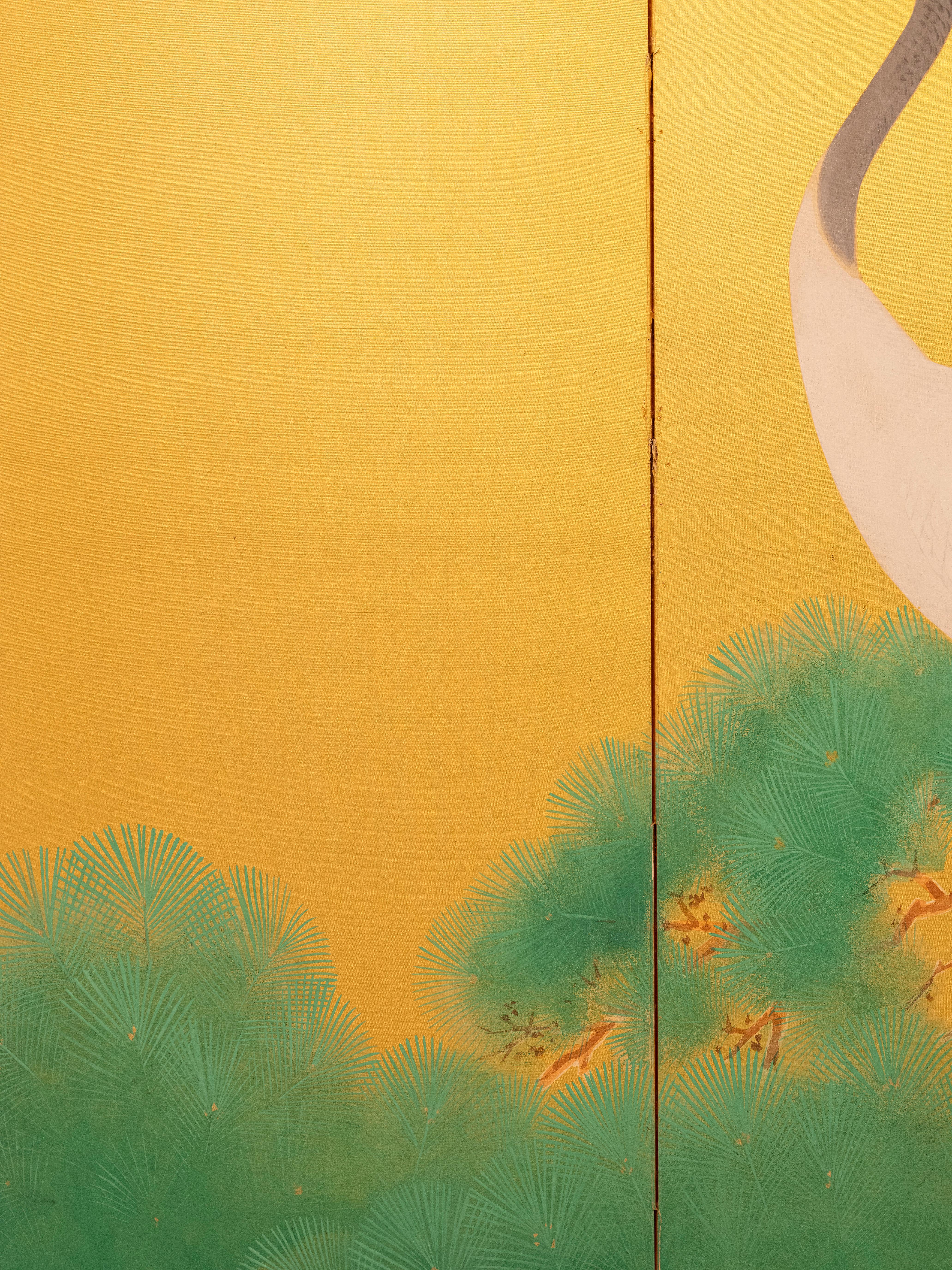 Sechstafeliger Paravent mit einem Paar mandschurischer Kraniche auf vergoldeter Seide im Zustand „Hervorragend“ im Angebot in Milano, IT