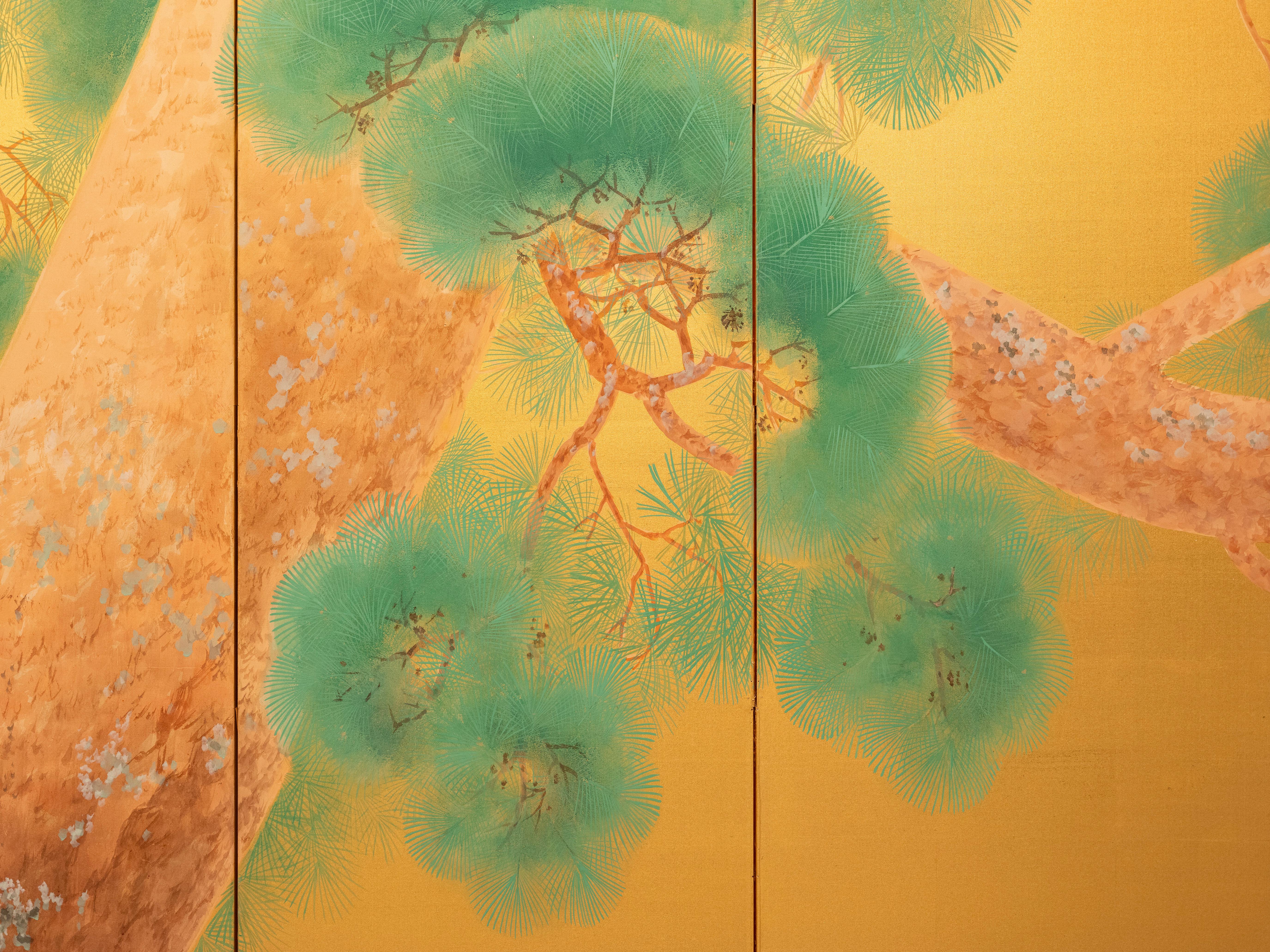 Sechstafeliger Paravent mit einem Paar mandschurischer Kraniche auf vergoldeter Seide im Angebot 1