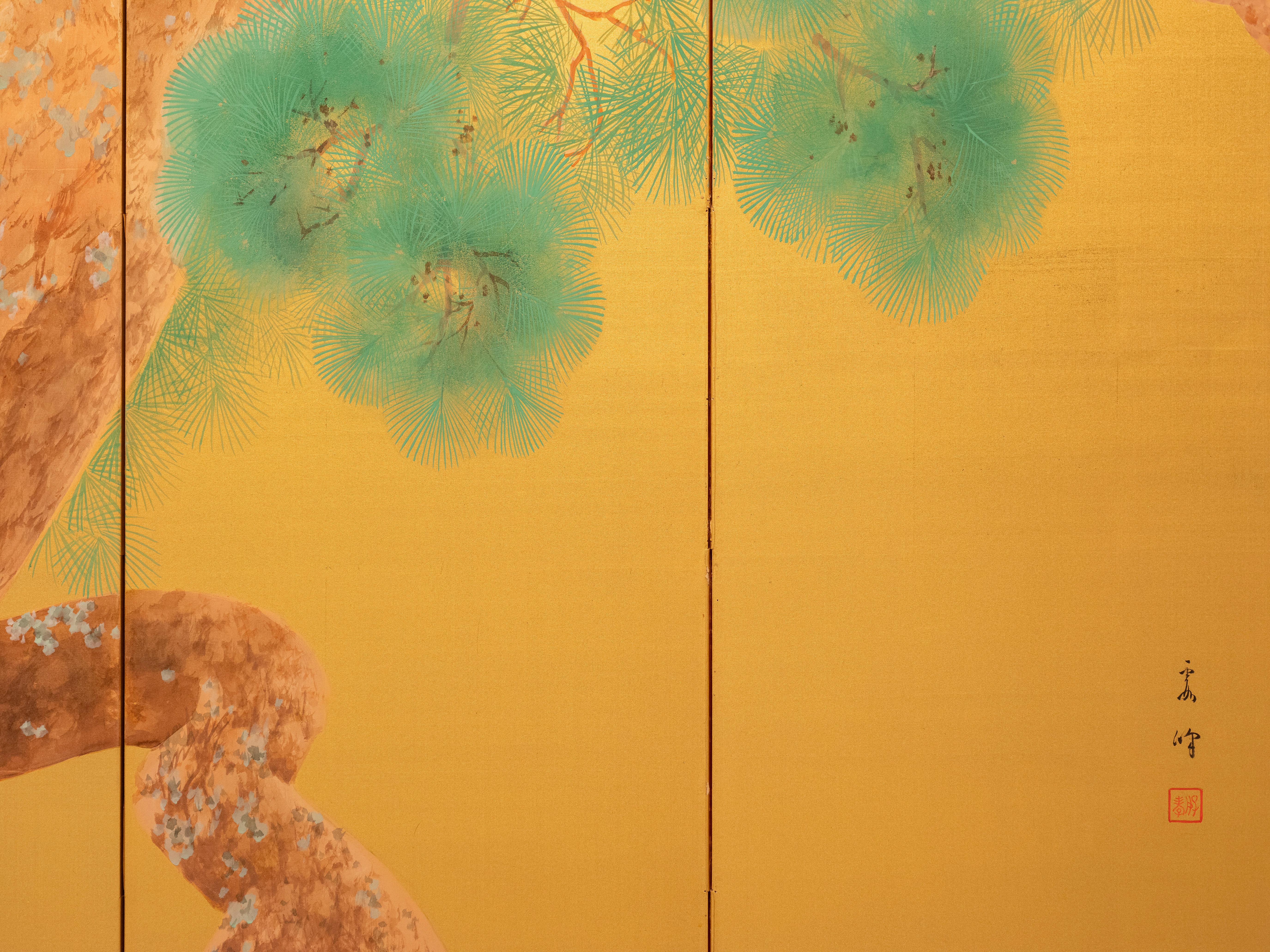 Sechstafeliger Paravent mit einem Paar mandschurischer Kraniche auf vergoldeter Seide im Angebot 2