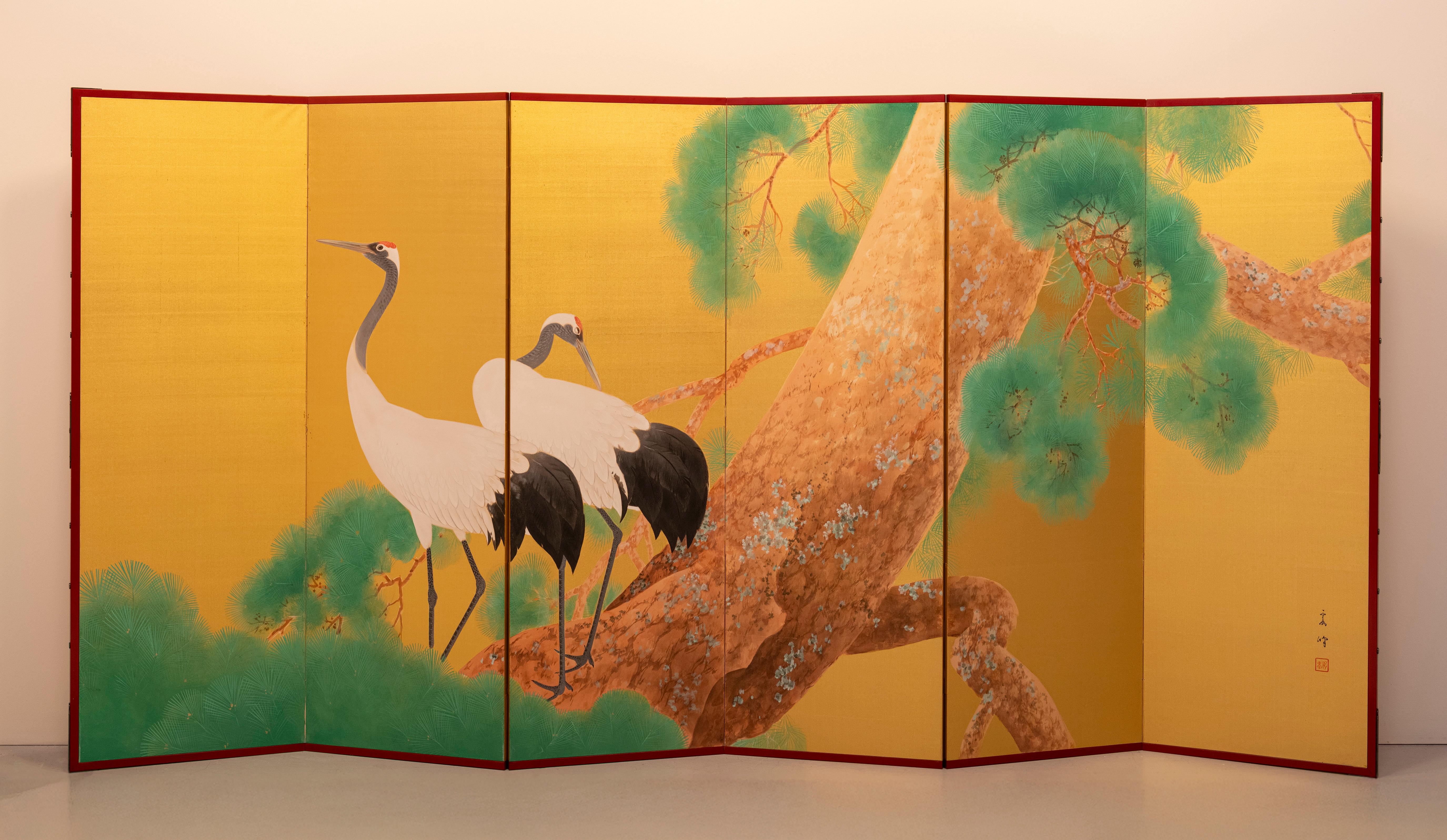Sechstafeliger Paravent mit einem Paar mandschurischer Kraniche auf vergoldeter Seide im Angebot 3