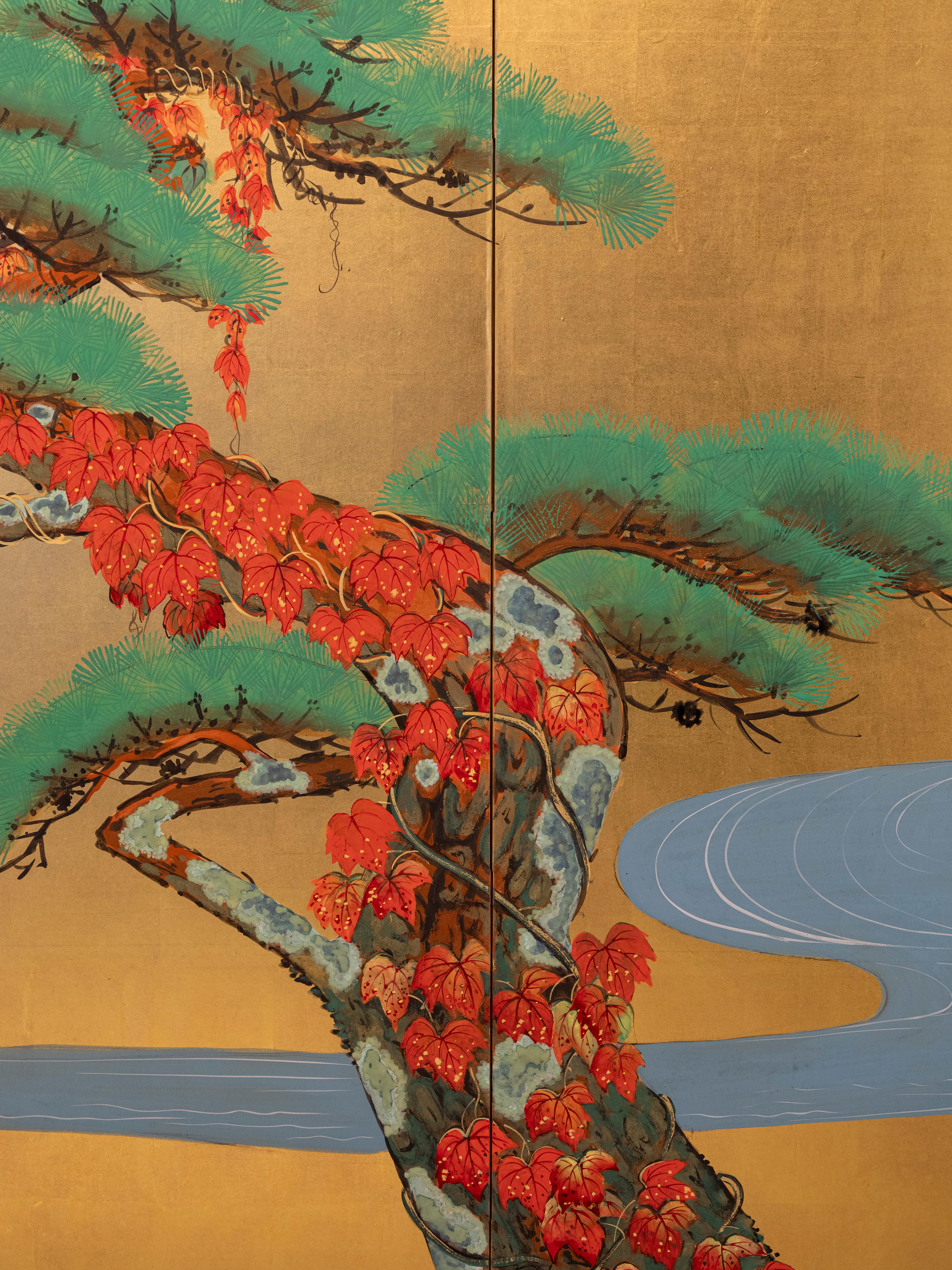 A six-panel folding screen with pine trees beneath the red sun For Sale 3