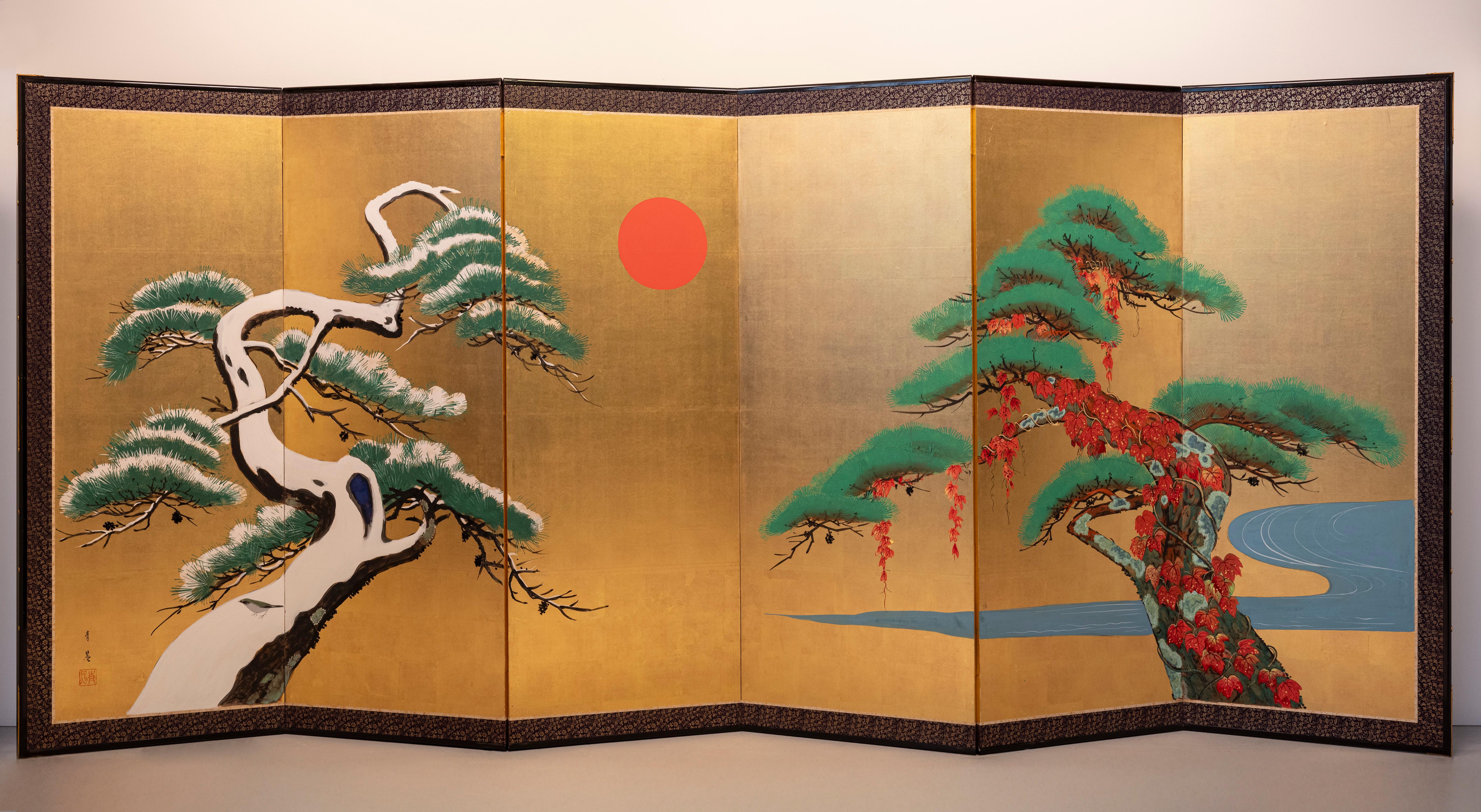 A six-panel folding screen with pine trees beneath the red sun For Sale 4