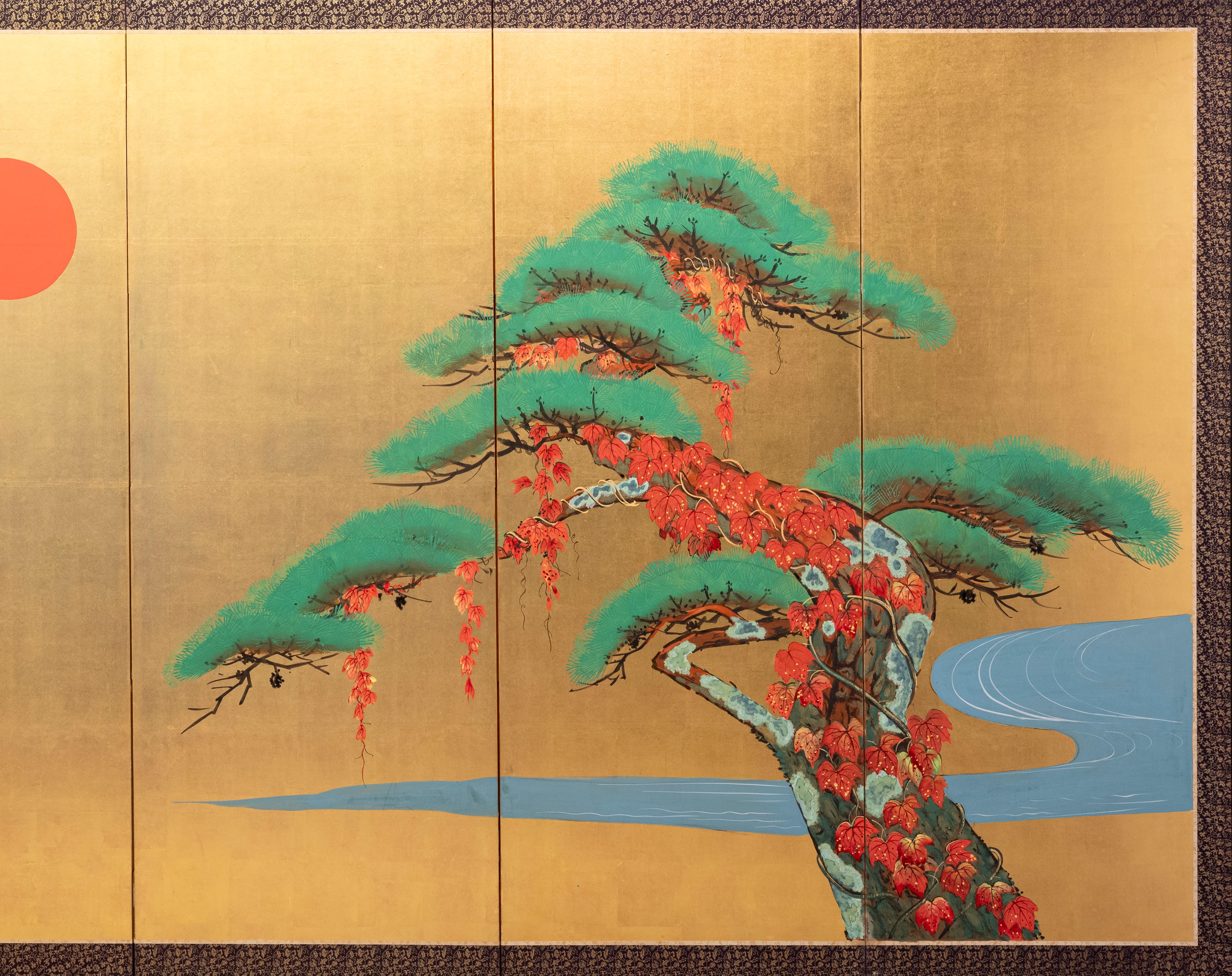 Japanese A six-panel folding screen with pine trees beneath the red sun For Sale