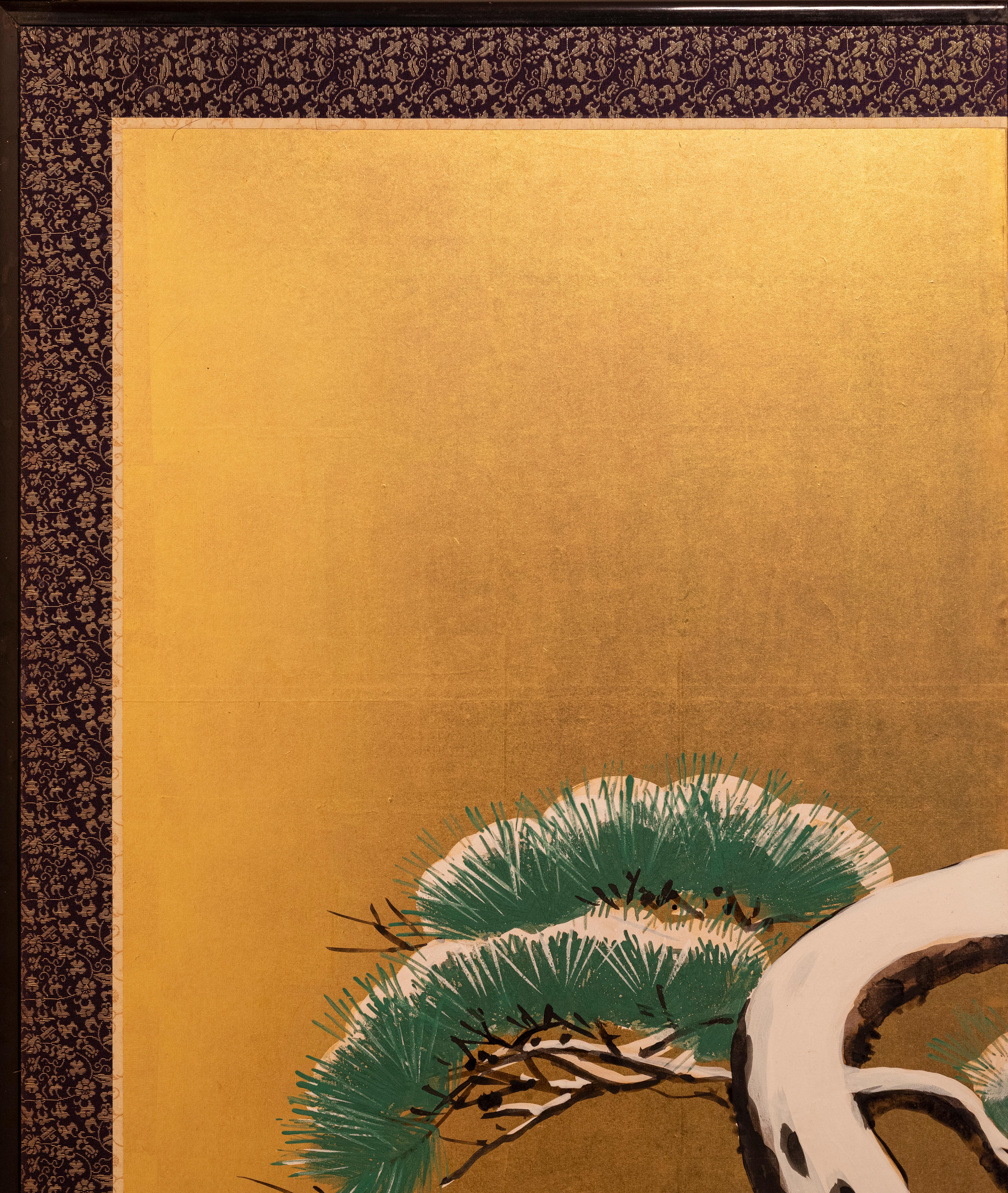 Hand-Painted A six-panel folding screen with pine trees beneath the red sun For Sale