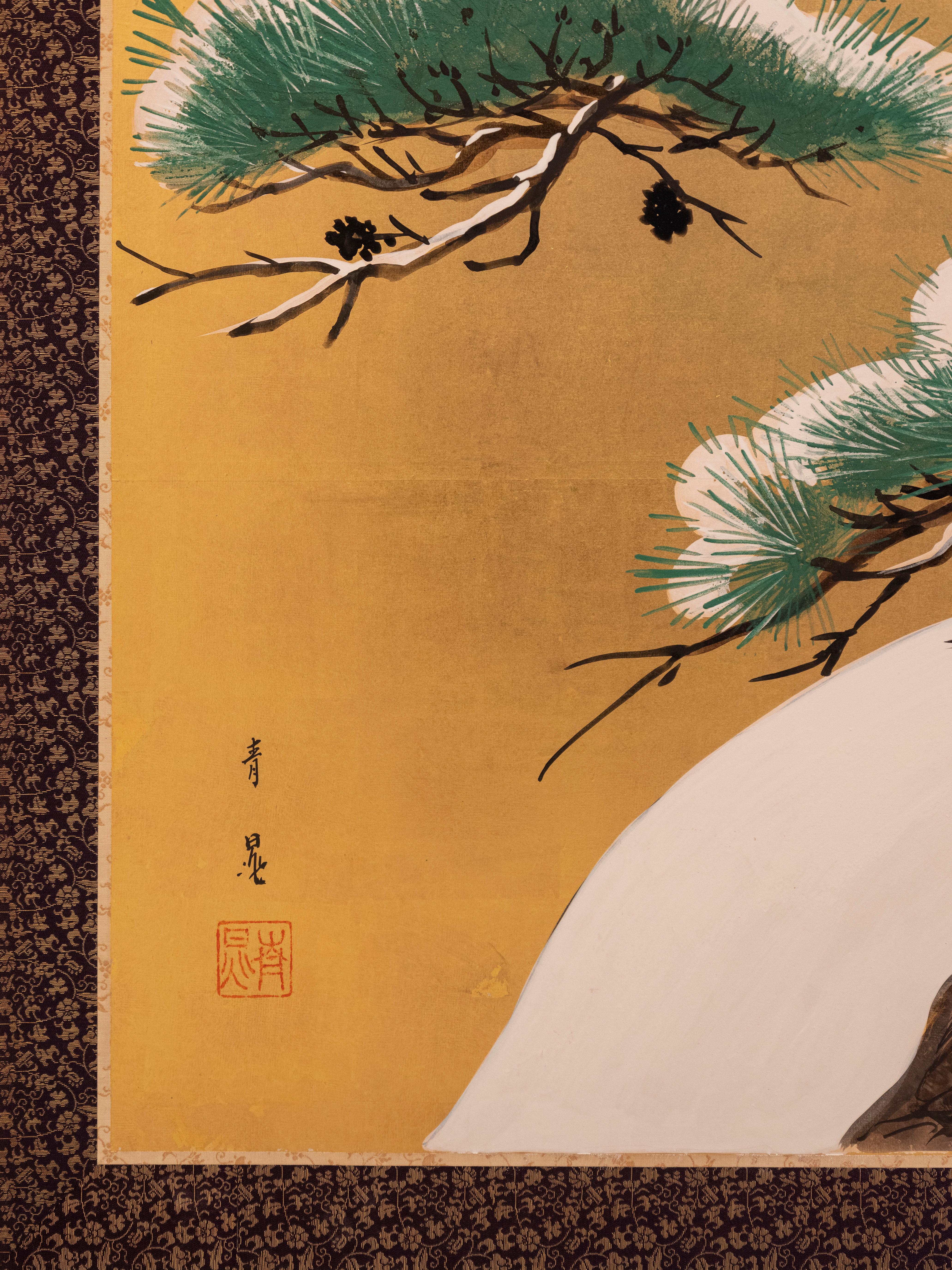 A six-panel folding screen with pine trees beneath the red sun In Excellent Condition For Sale In Milano, IT