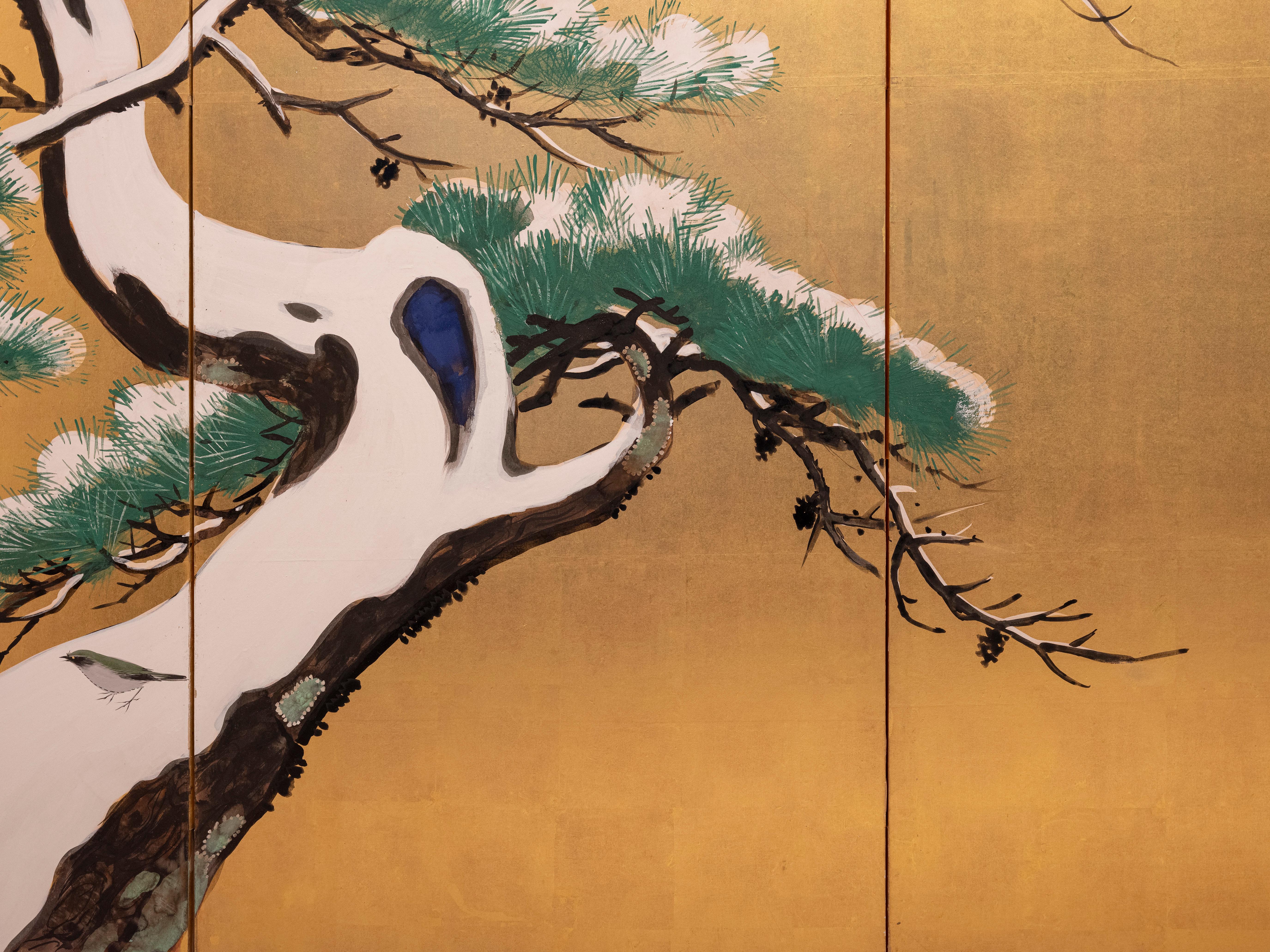 19th Century A six-panel folding screen with pine trees beneath the red sun For Sale