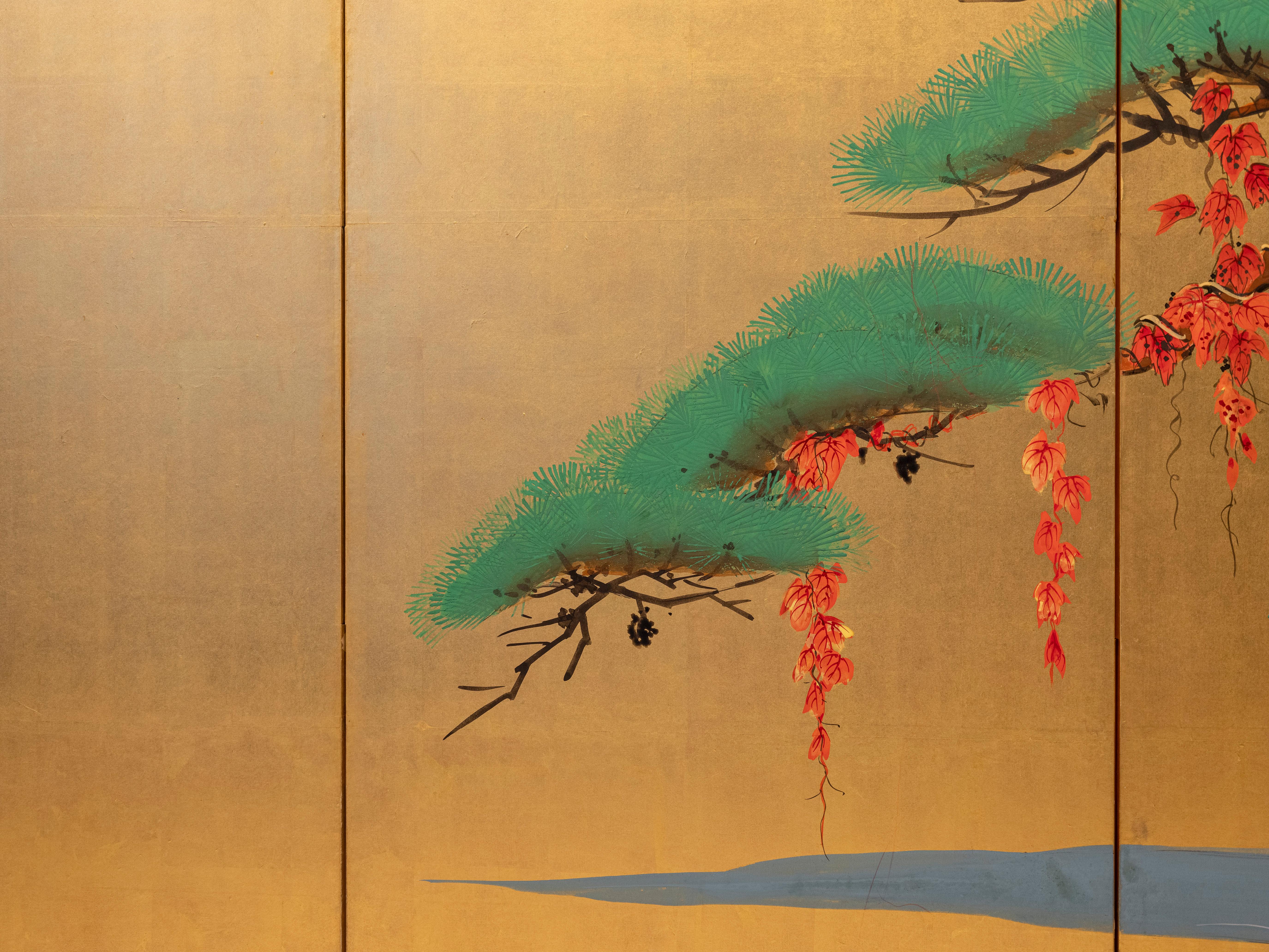A six-panel folding screen with pine trees beneath the red sun For Sale 1