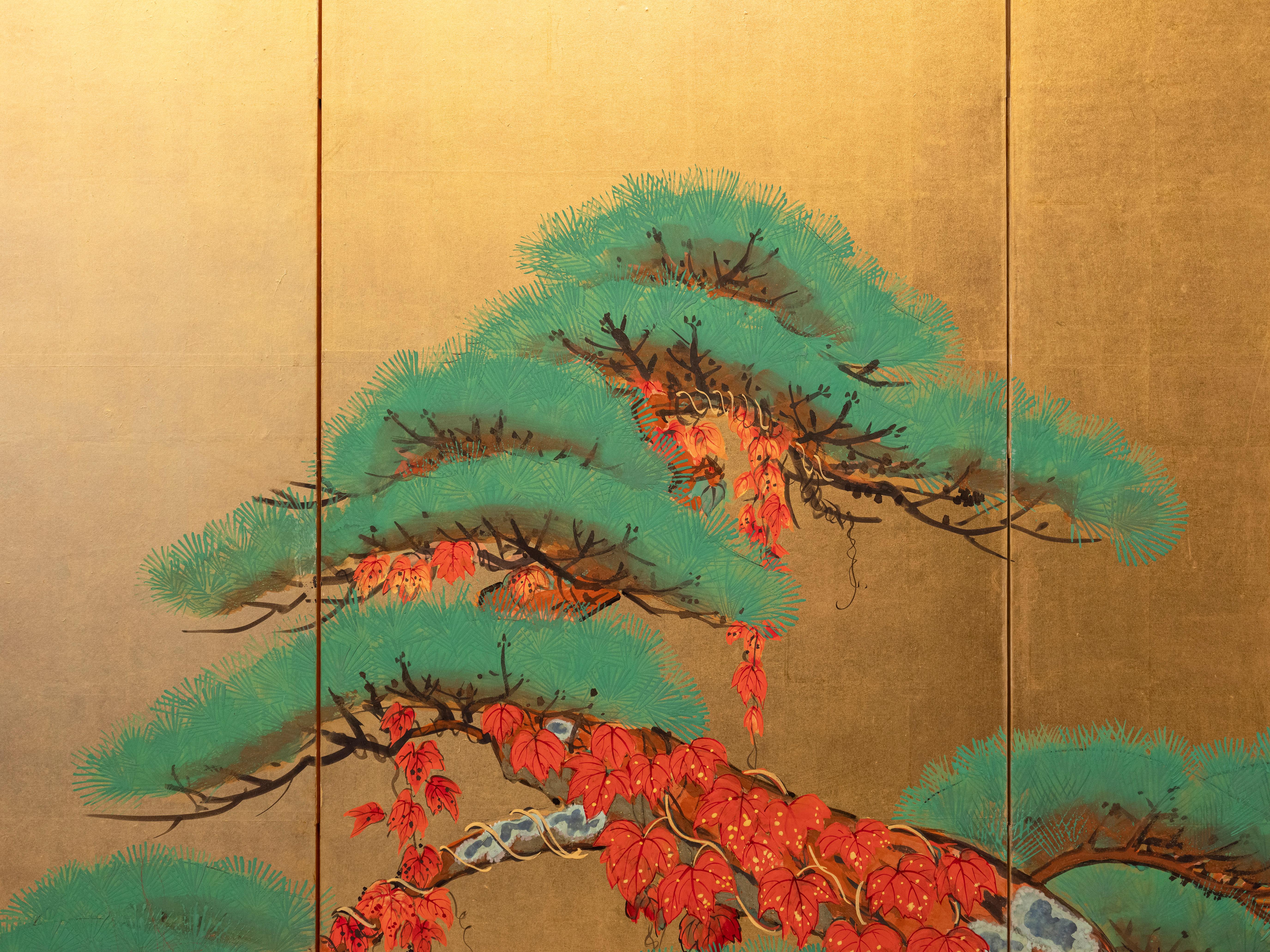 A six-panel folding screen with pine trees beneath the red sun For Sale 2