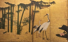 A six-panel gold leaf screen with cranes among bamboo and peonies