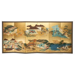 A Six-panel Japanese Screen Depicting Scenes Of Daily Life