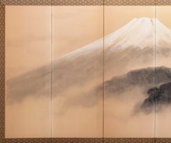 A six-panel paper folding screen of Mount Fuji shrouded in mist