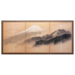 A six-panel paper folding screen of Mount Fuji shrouded in mist