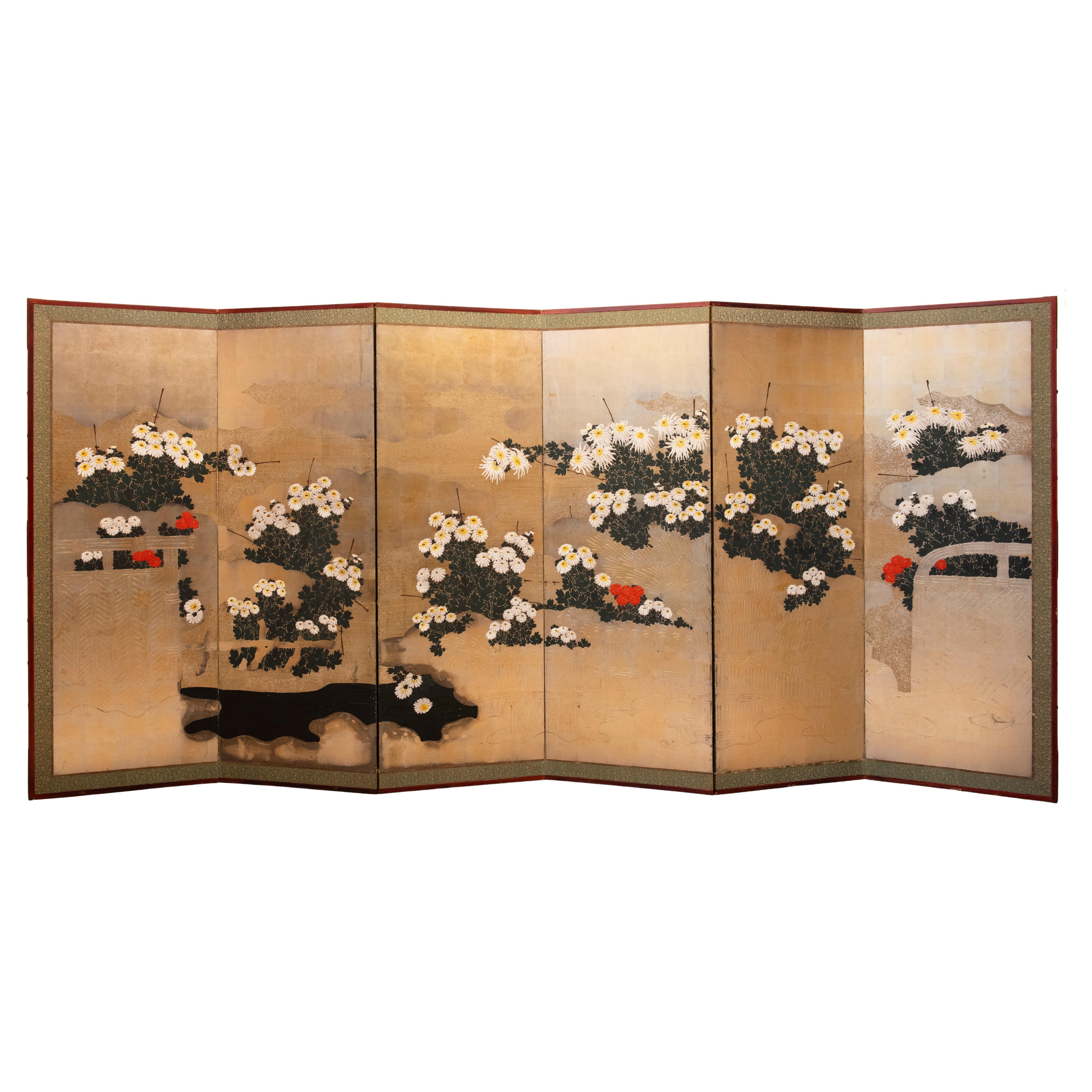 A six-panel paper screen depicting a chrysanthemum garden