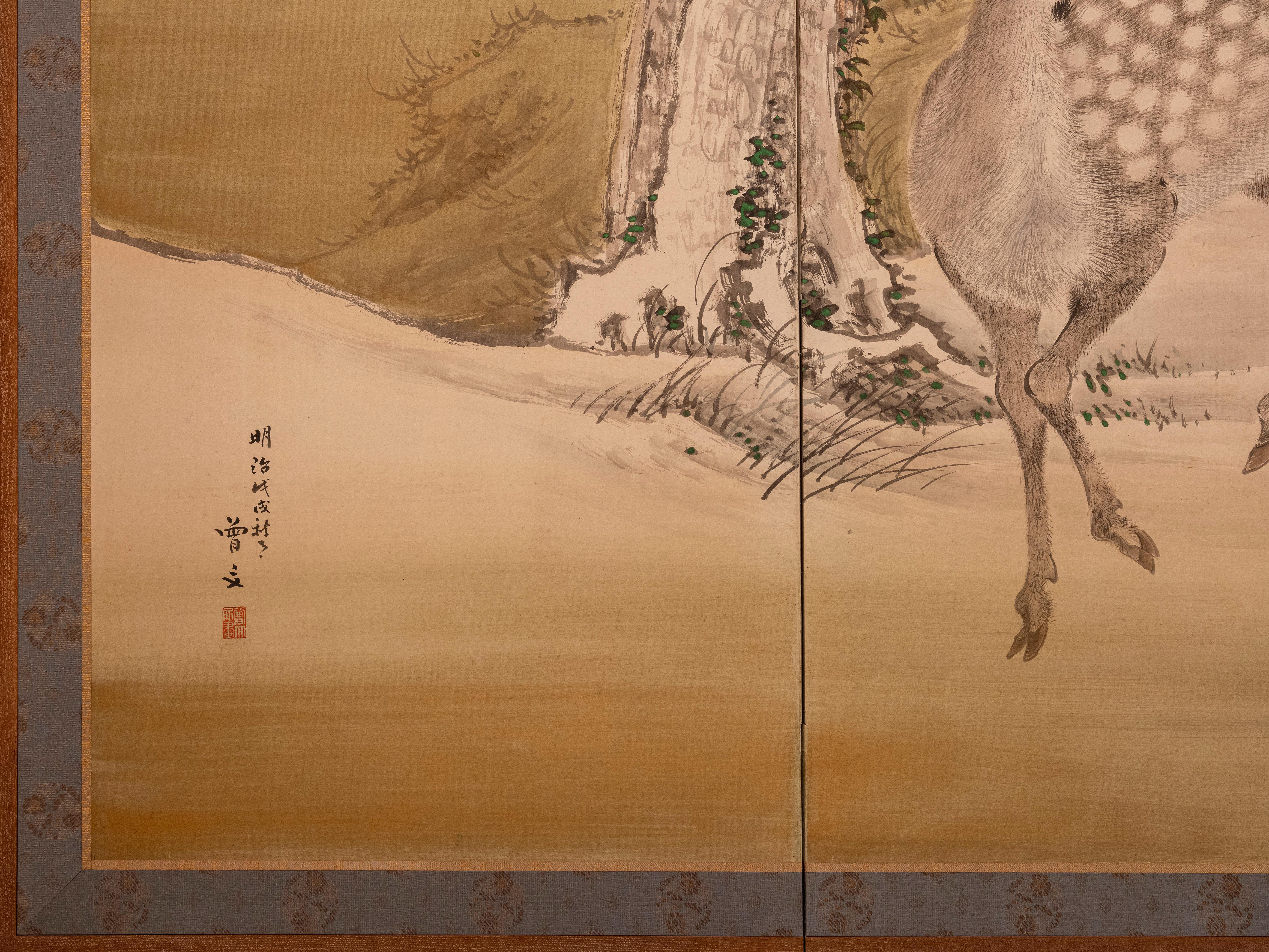 Sechstafeliger Paravent mit der Darstellung eines Hirschpaares in einer Winterlandschaft im Zustand „Hervorragend“ im Angebot in Milano, IT