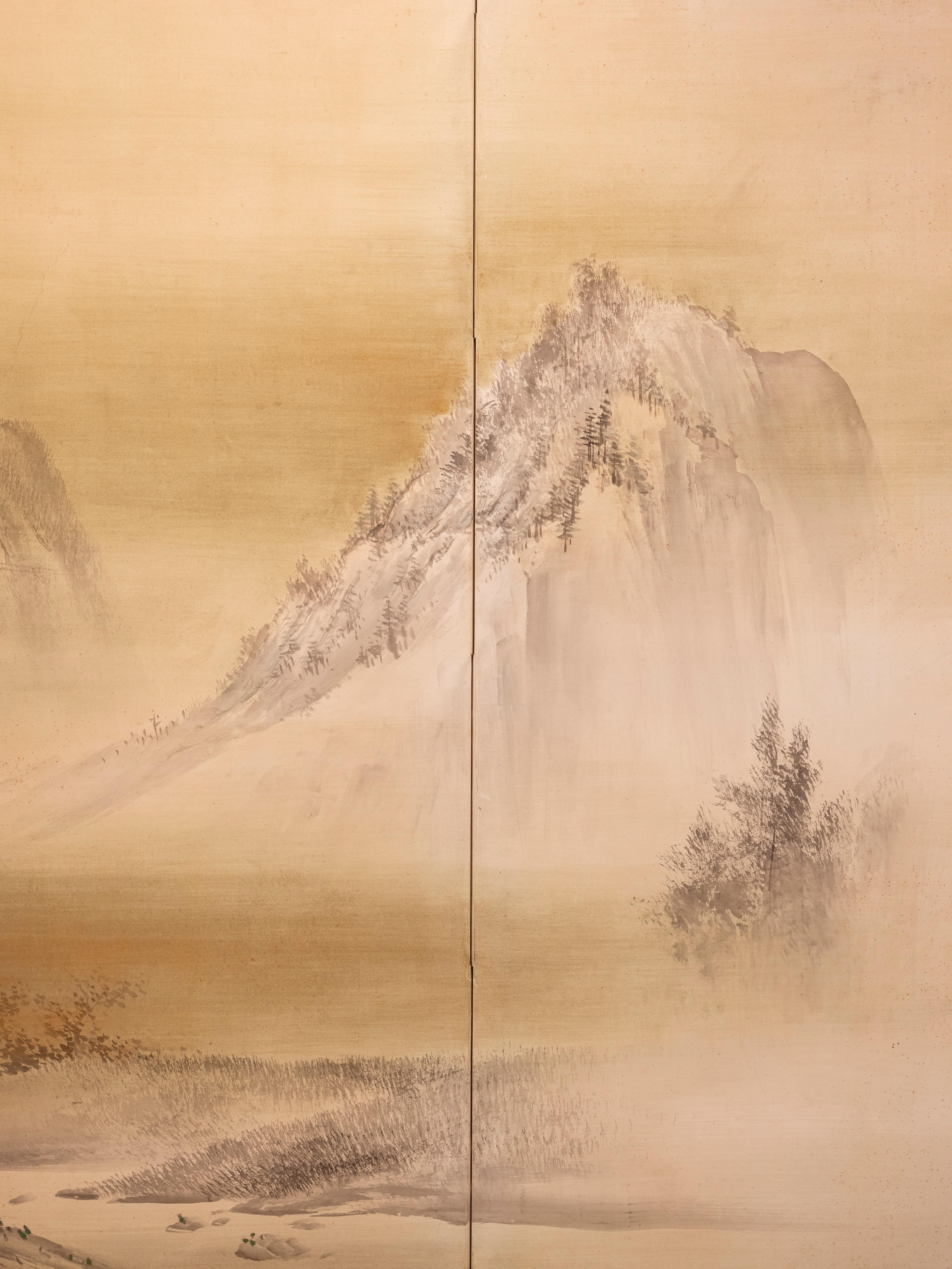 Sechstafeliger Paravent mit der Darstellung eines Hirschpaares in einer Winterlandschaft im Angebot 1