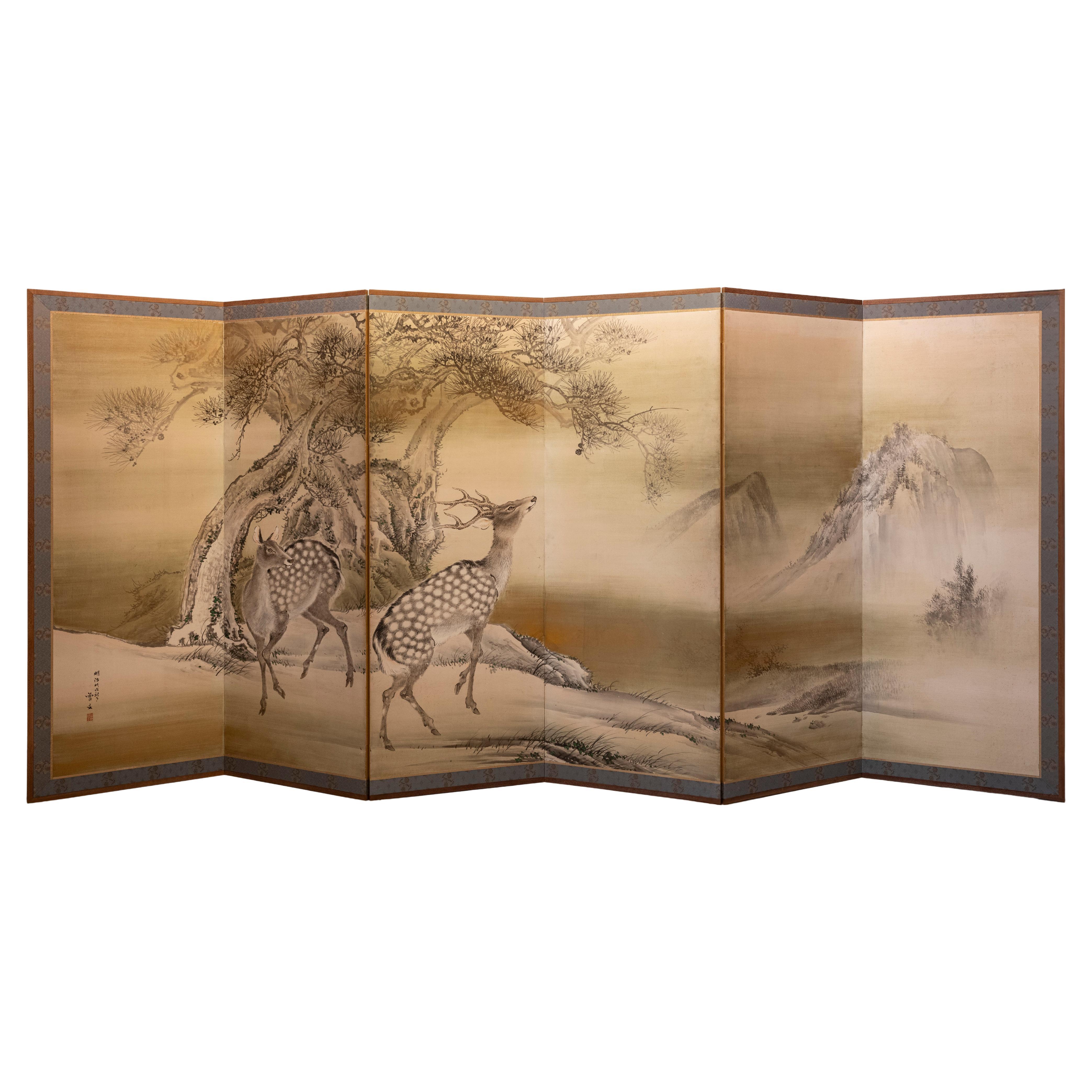 Sechstafeliger Paravent mit der Darstellung eines Hirschpaares in einer Winterlandschaft im Angebot