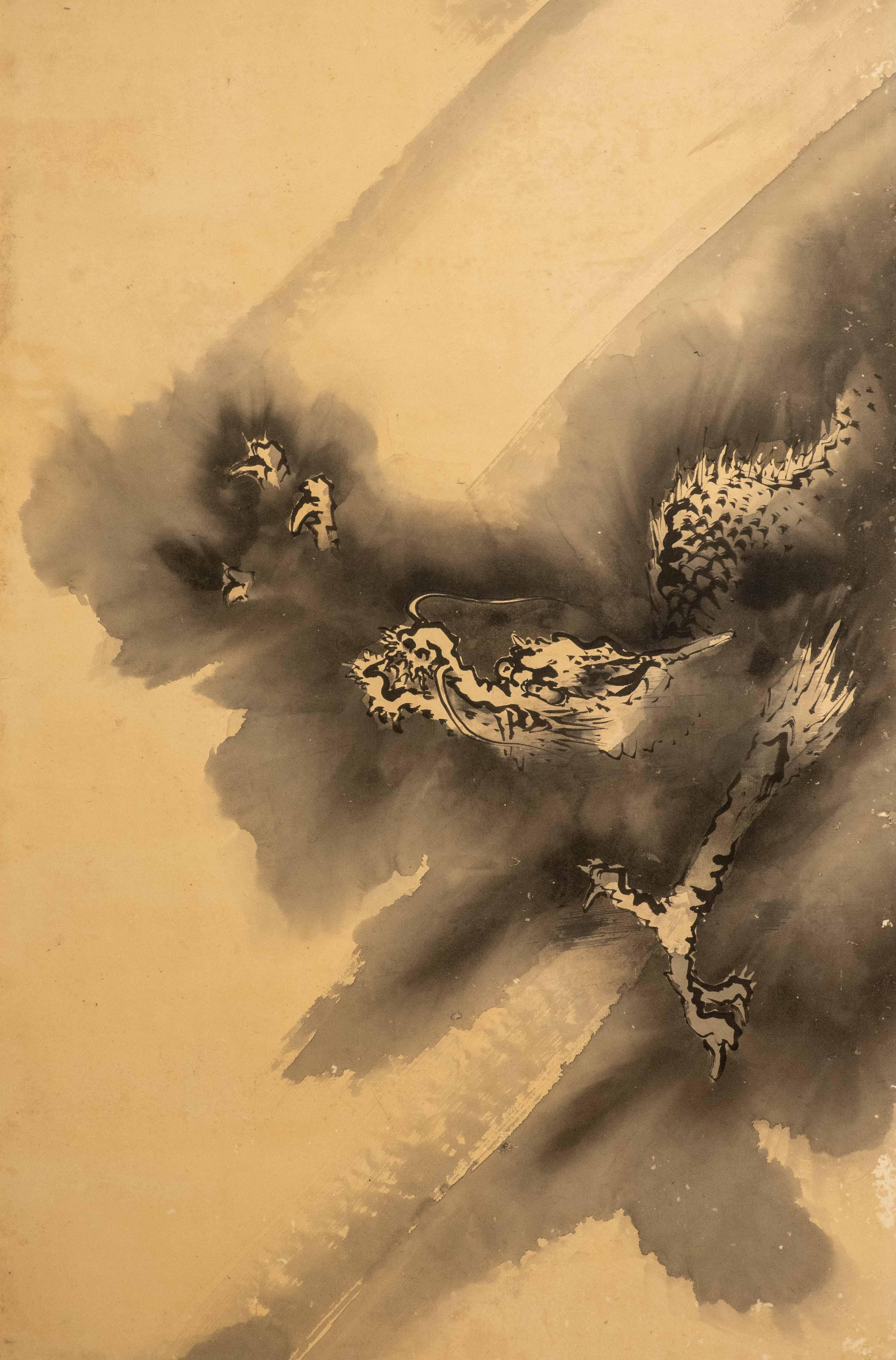 Biombo de seis paneles con seis dragones pintados sobre papel y fondo de pan de oro Pintado a mano