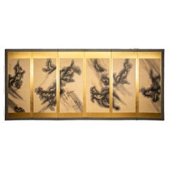 A six-panel screen depicting six dragons painted on paper with a gold leaf backg