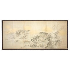 A Six-panel Screen On Paper Depicting A Scene Of Everyday Life