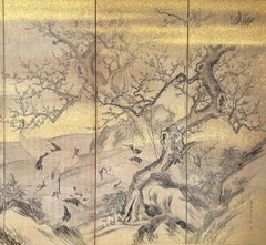 A six-panel screen depicting red-crowned cranes, signed Kanō Eigaku