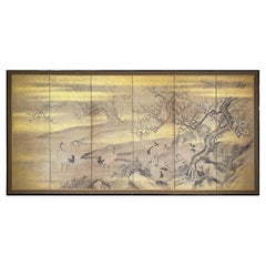 A six-panel screen depicting red-crowned cranes, signed Kanō Eigaku