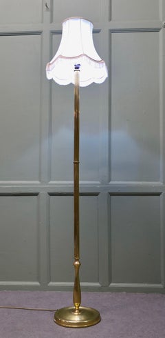 Art Deco Brass Floor Lamp, Slender Column Design, Original Shade, 1930