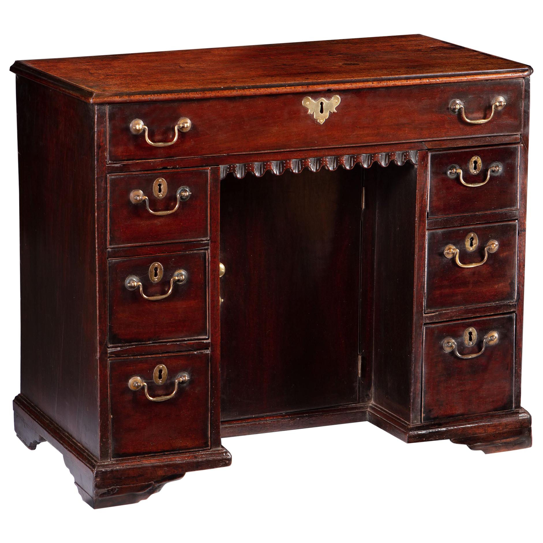 Small 18th Century Mahogany Brown Wood Kneehole Desk with Brass Handles For Sale