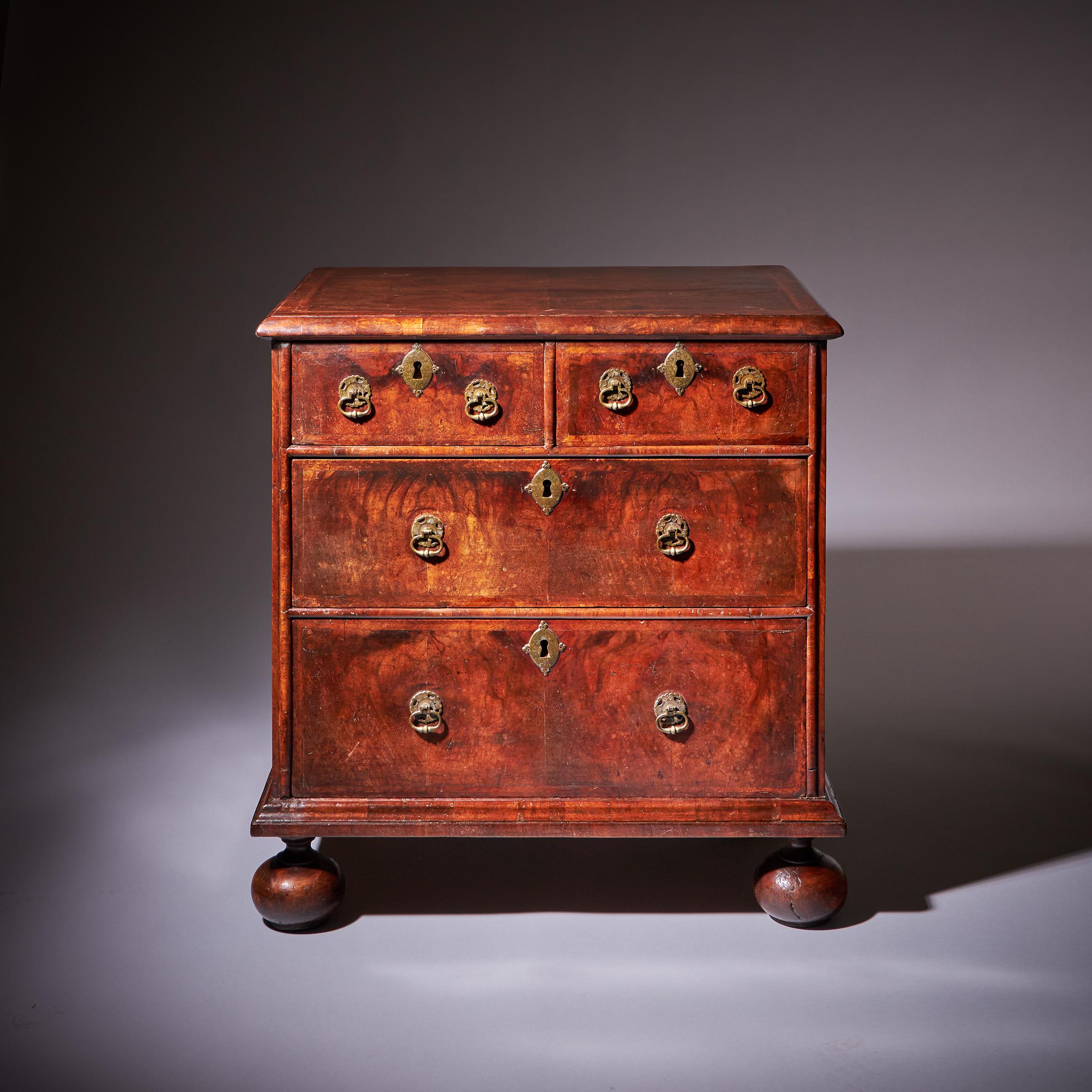 William and Mary A Small and Rare William and Marry Figured Walnut Chest of Drawers, Circa 1690.  For Sale